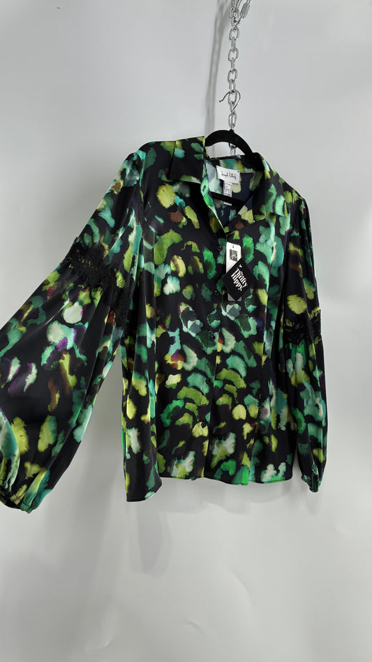 JOSEPH RIBKOFF Green Graphic Balloon Sleeve Blouse with Tags Attached (14)