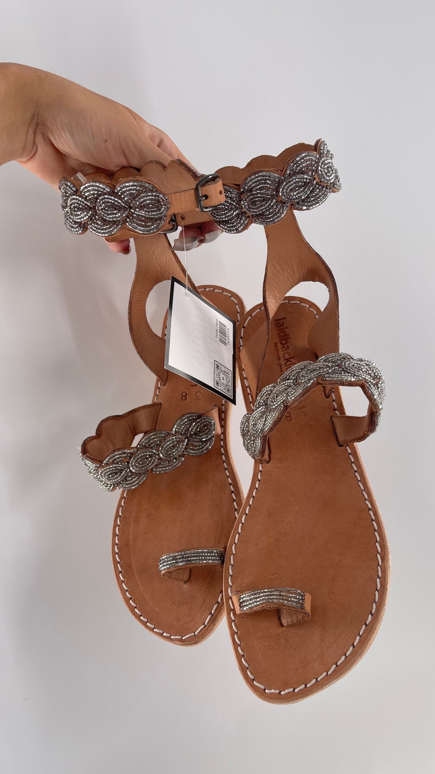 Free People Laidback London Handmade Sandals with Tan Leather Straps Covered in Silver Beaded Details (38)