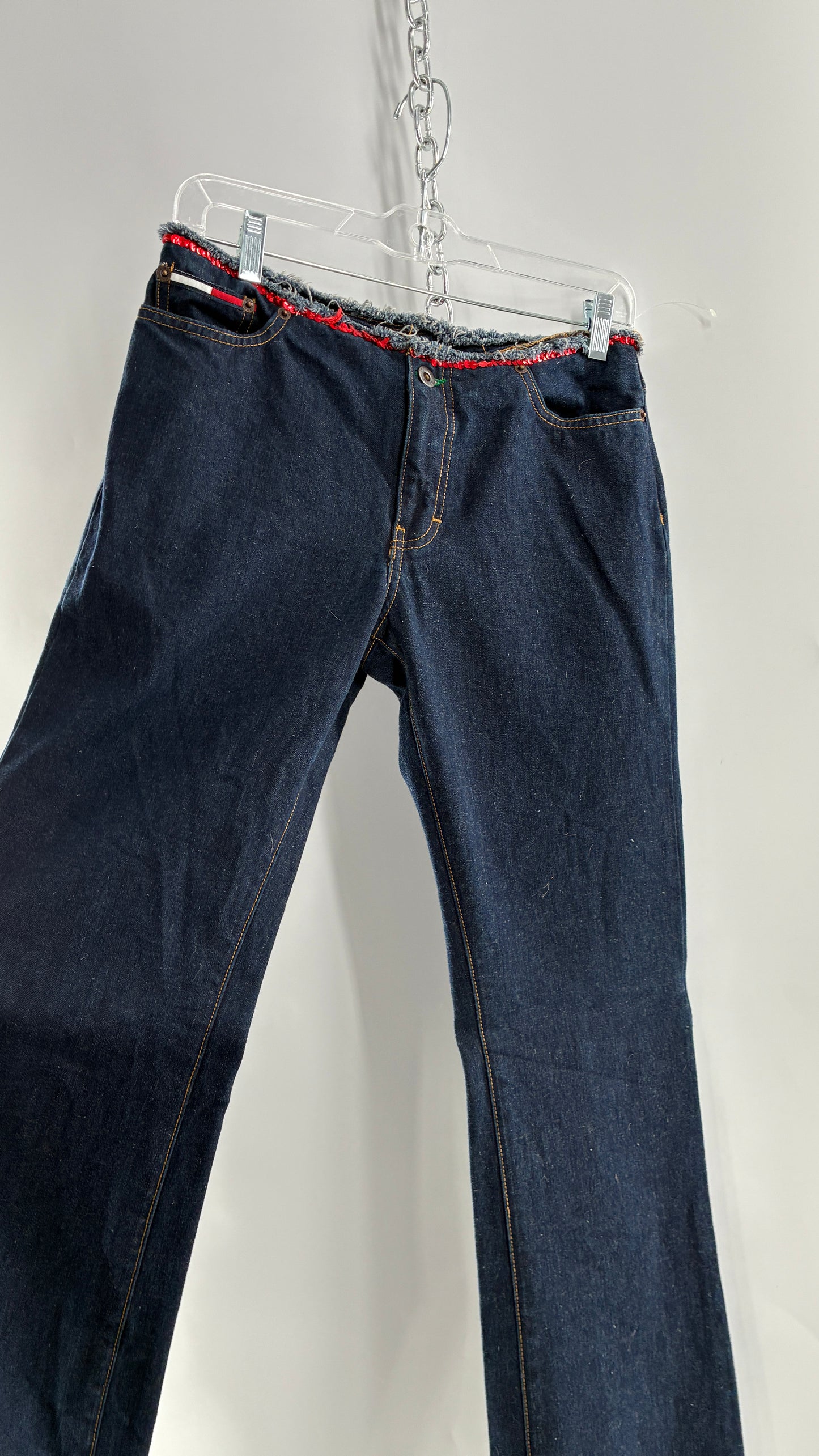 Vintage Tommy Hilfiger Low Rise Jeans with Frayed Waist Lined in Red Sequins (7)