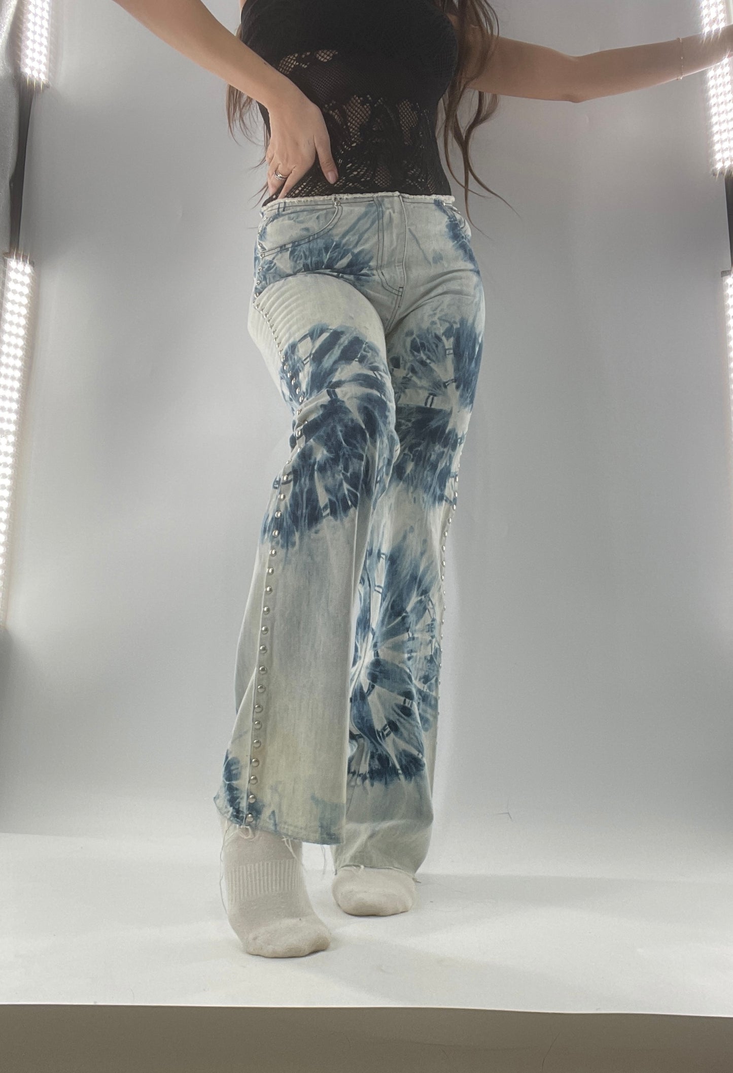 Vintage 1990s DKNY Light Bleached Jeans with Tie Dye Denim Pattern, Raw Edge Low Rise, and Studded Sides (5)