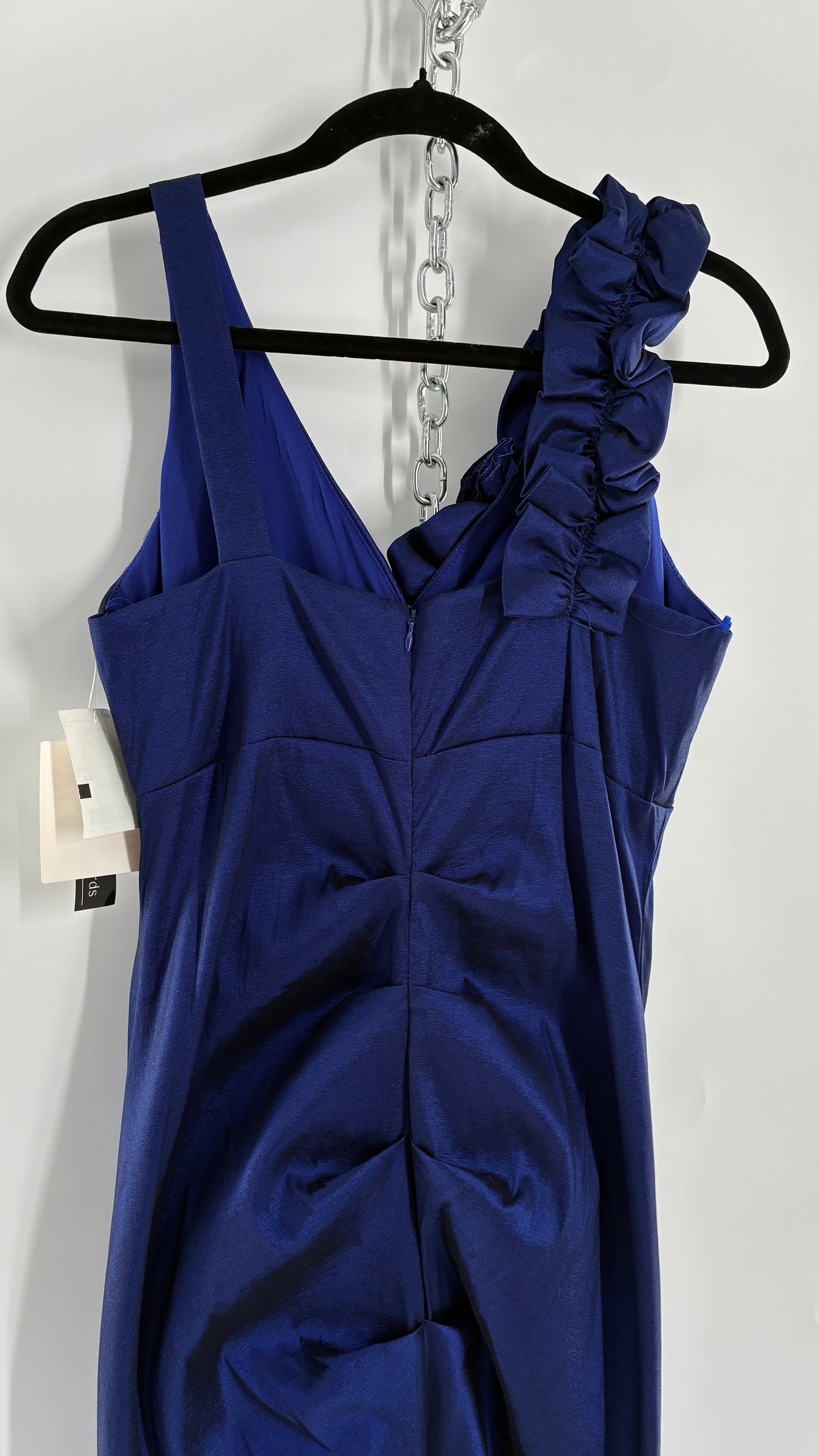 Deadstock Vintage Iridescent Metallic Taffeta Royal Blue Ruched Bodice and Floral Appliqué Gown (12)