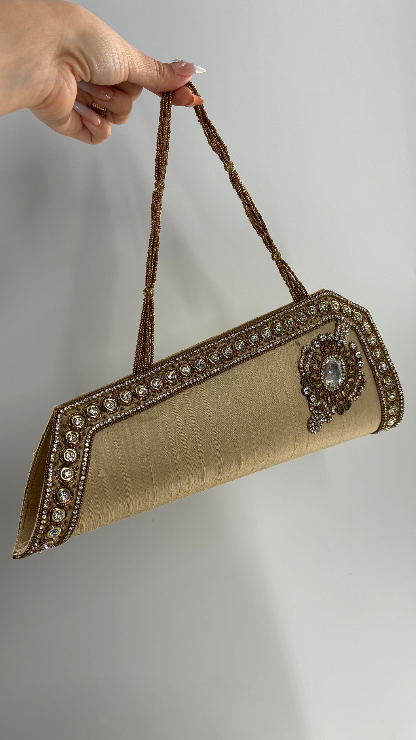 Vintage 1990s Asymmetric Gold Purse with Beading and Rhinestone Detailing
