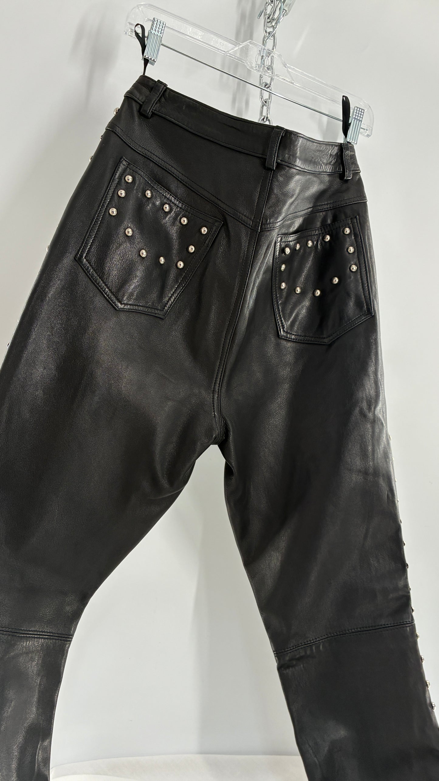Vintage DKNY Genuine Leather Black Hip to Hem Studded Straight Legs (12)