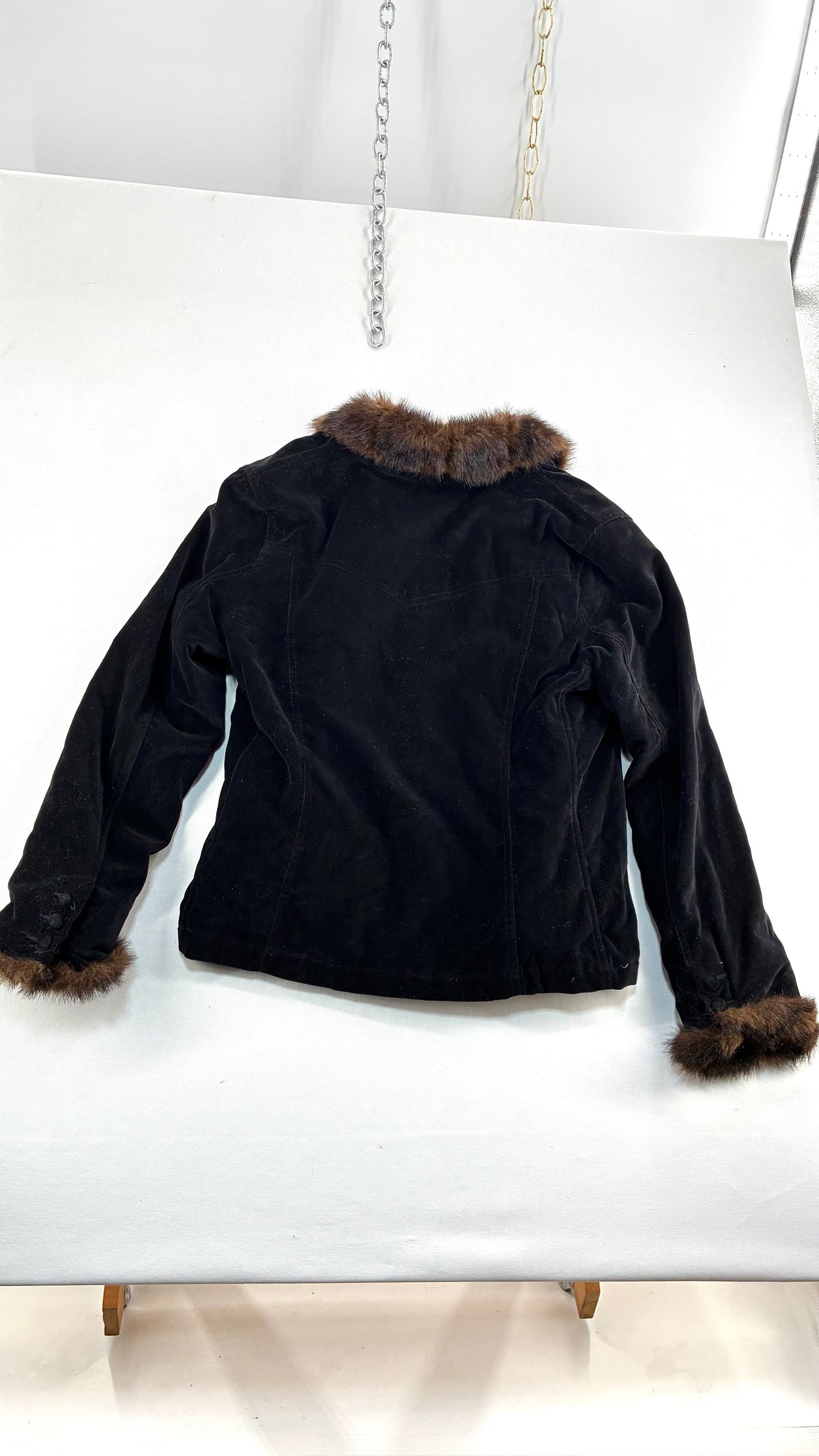 Vintage BLACK RIVET Velour Jacket with Vegan Fur Trim Collar and Cuffs (Large)