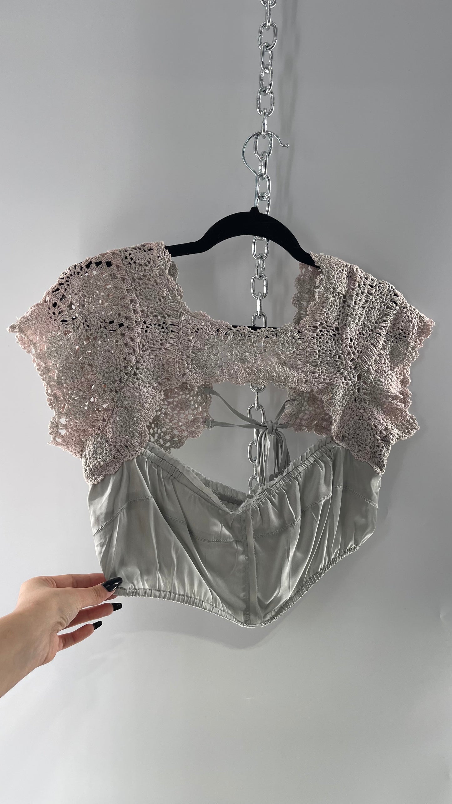 Intimately Free People Silver Satin Cropped Bustier with Crochet Shrug High Neckline (Large)