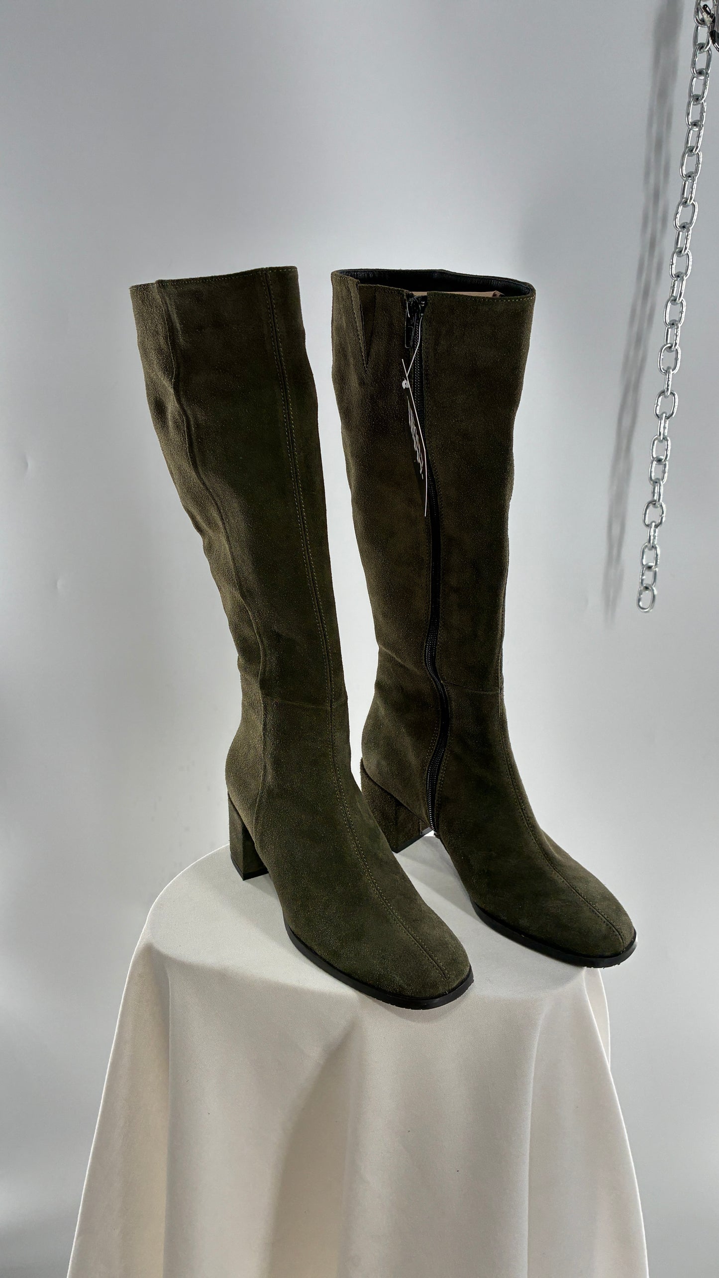 Vintage ERIC MICHAEL Olive Green Suede Boots Square Toe Knee High Boots (36)