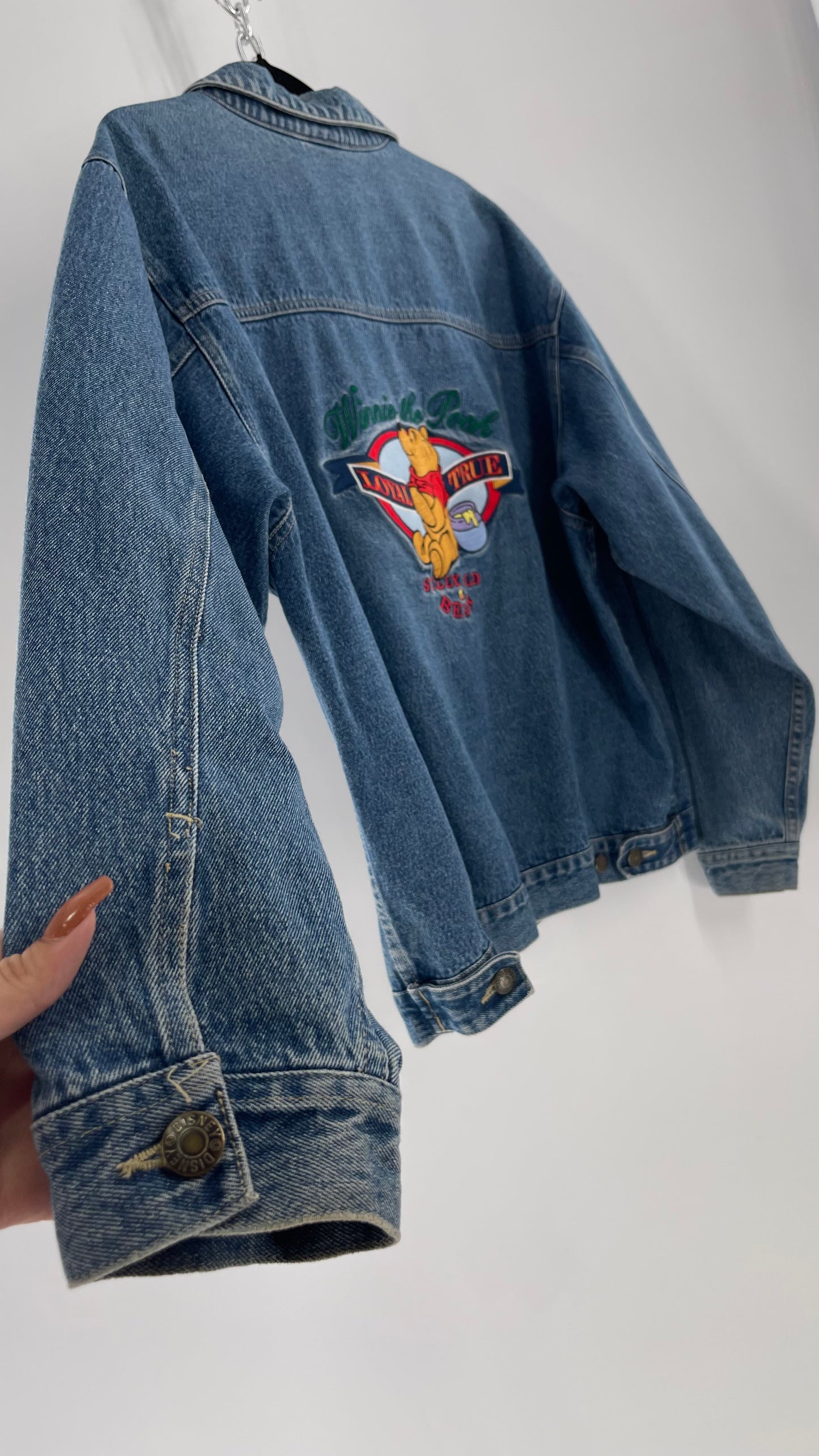 Vintage Disney Denim Jacket with Embroidered Graphic/Patches on Back and Pocket (Medium)