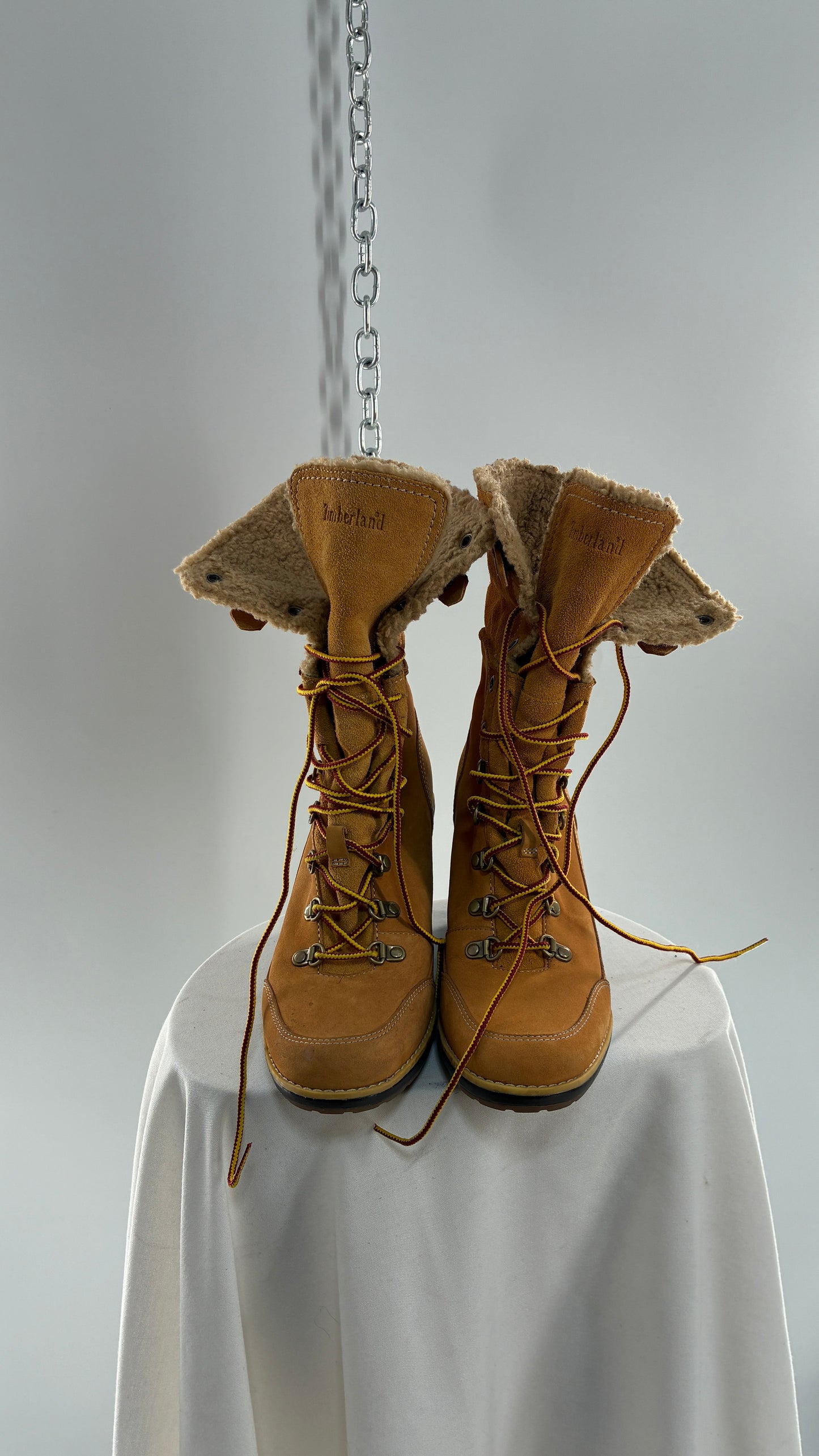 Vintage TIMBERLAND Wedge Boots Suede Leather Tie Up Heels (7.5)