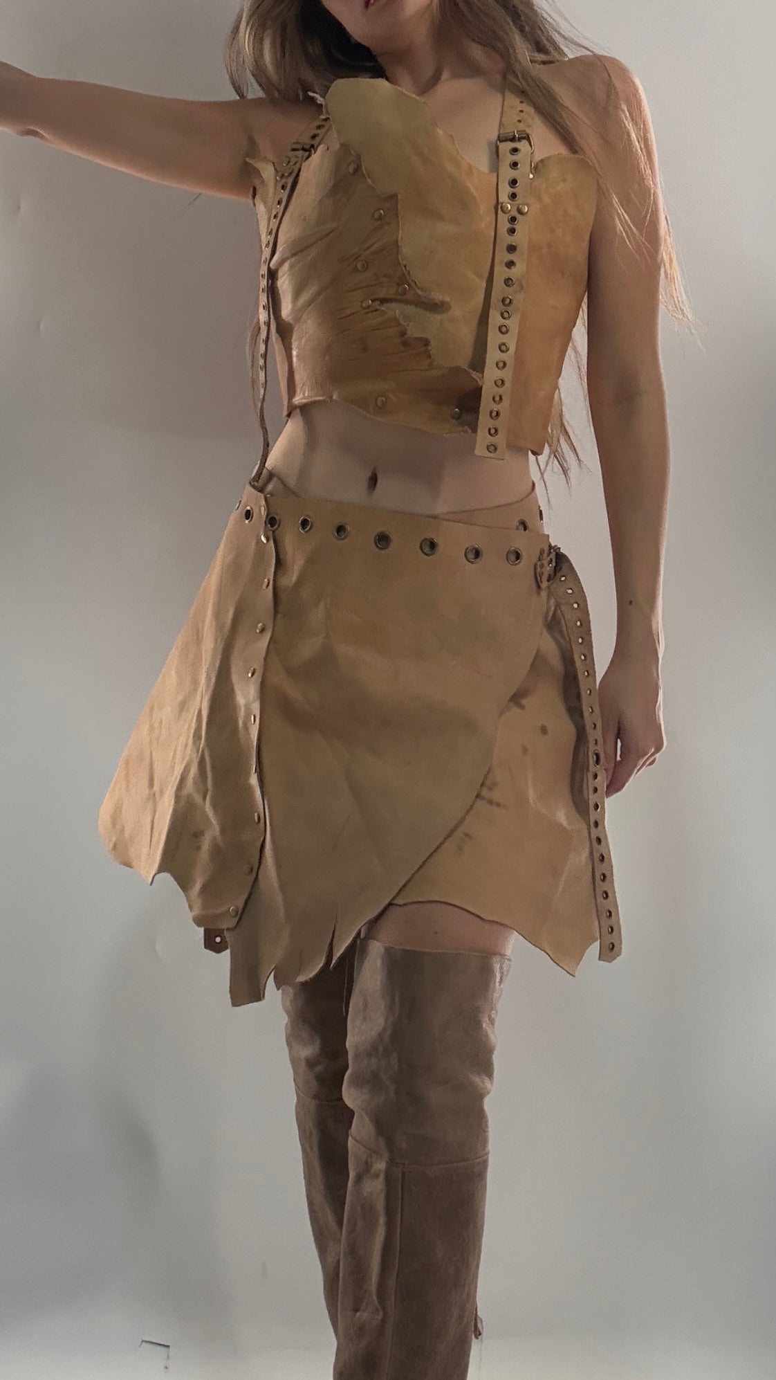 CUSTOM Handmade Rugged and Reversible Distressed Leather Two Piece Set with Grommet Waistband (XS-XL)