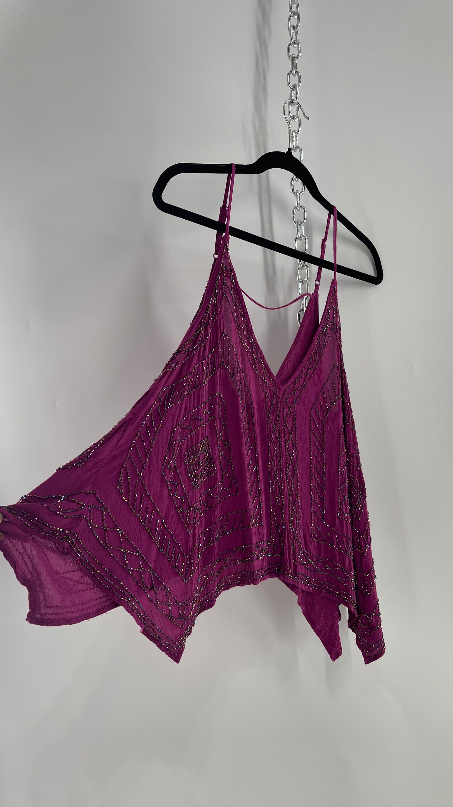 Free People Purple Beaded Handkerchief Hem Tank (Small)