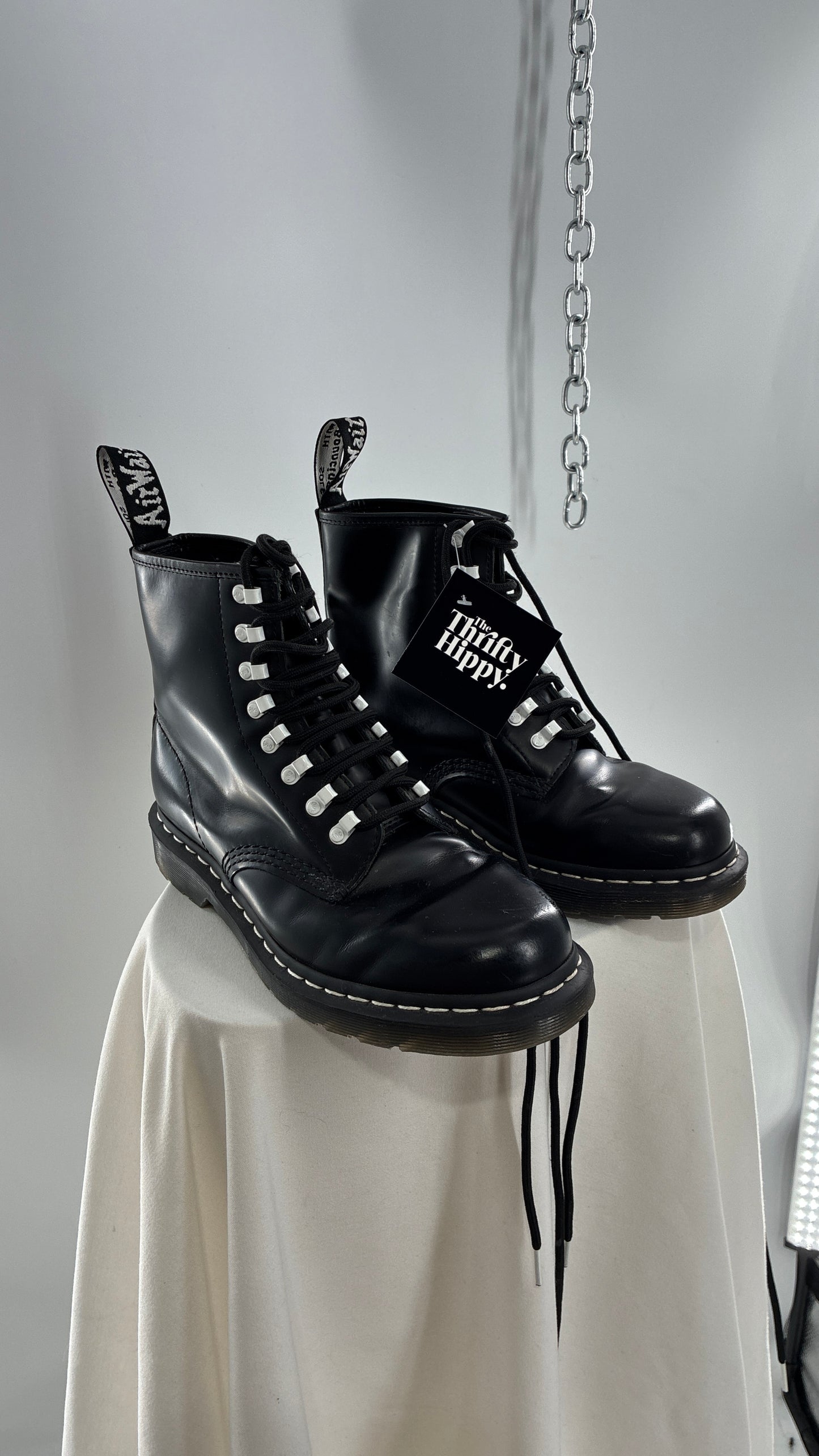 Vintage DR.MARTENS AirWair 1460 DISRUPT Black Patent Leather Boots with White Hardware (8L, 7M)