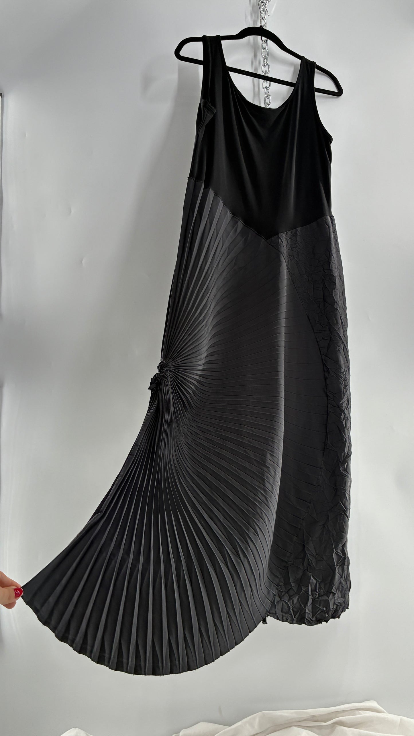 Vintage Joseph Ribkoff Black Asymmetric Pleated and Crimped Maxi Dress (14)