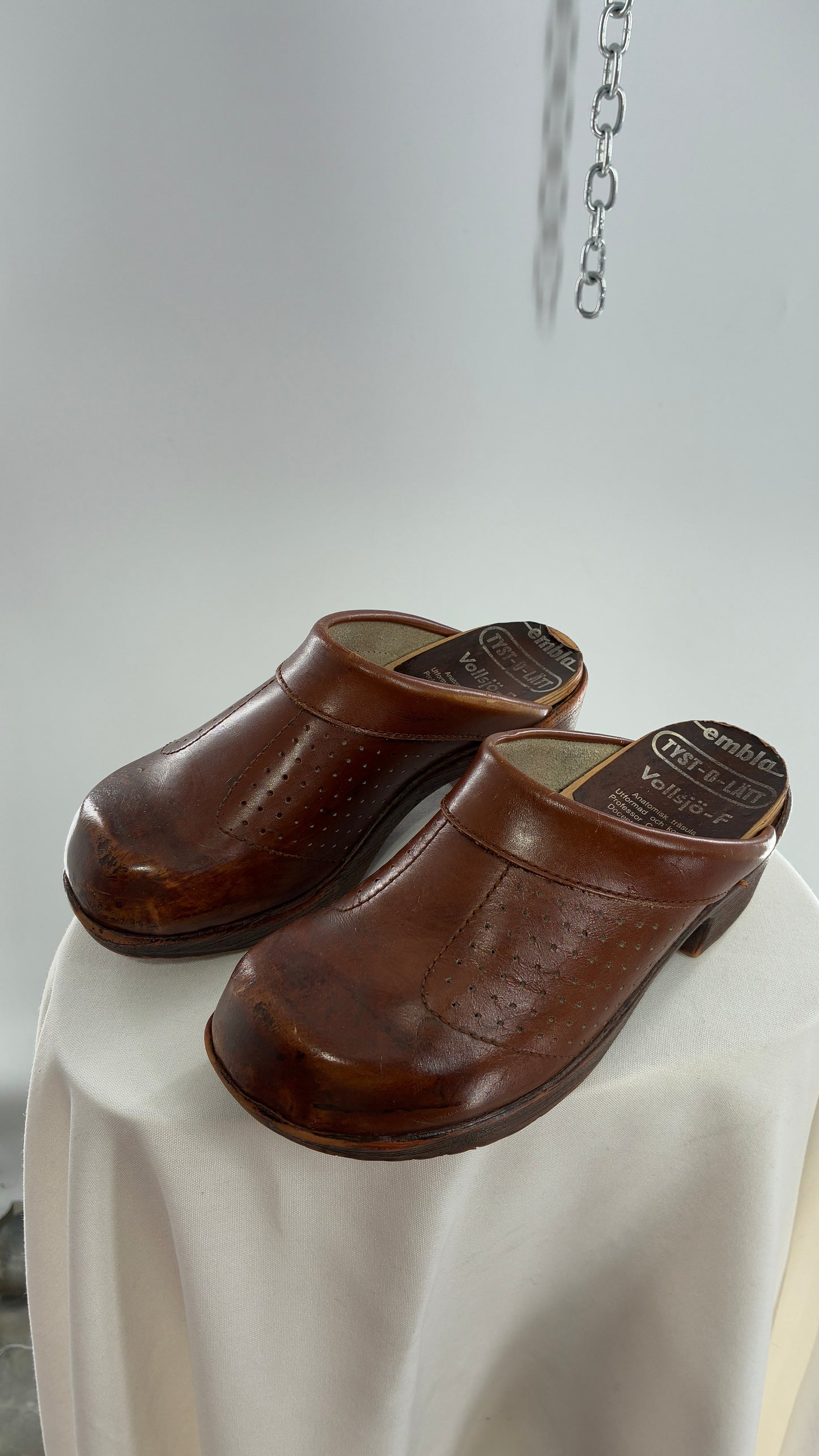 Vintage EMBLA 1970s Brown Leather, Wooden Clogs (37)