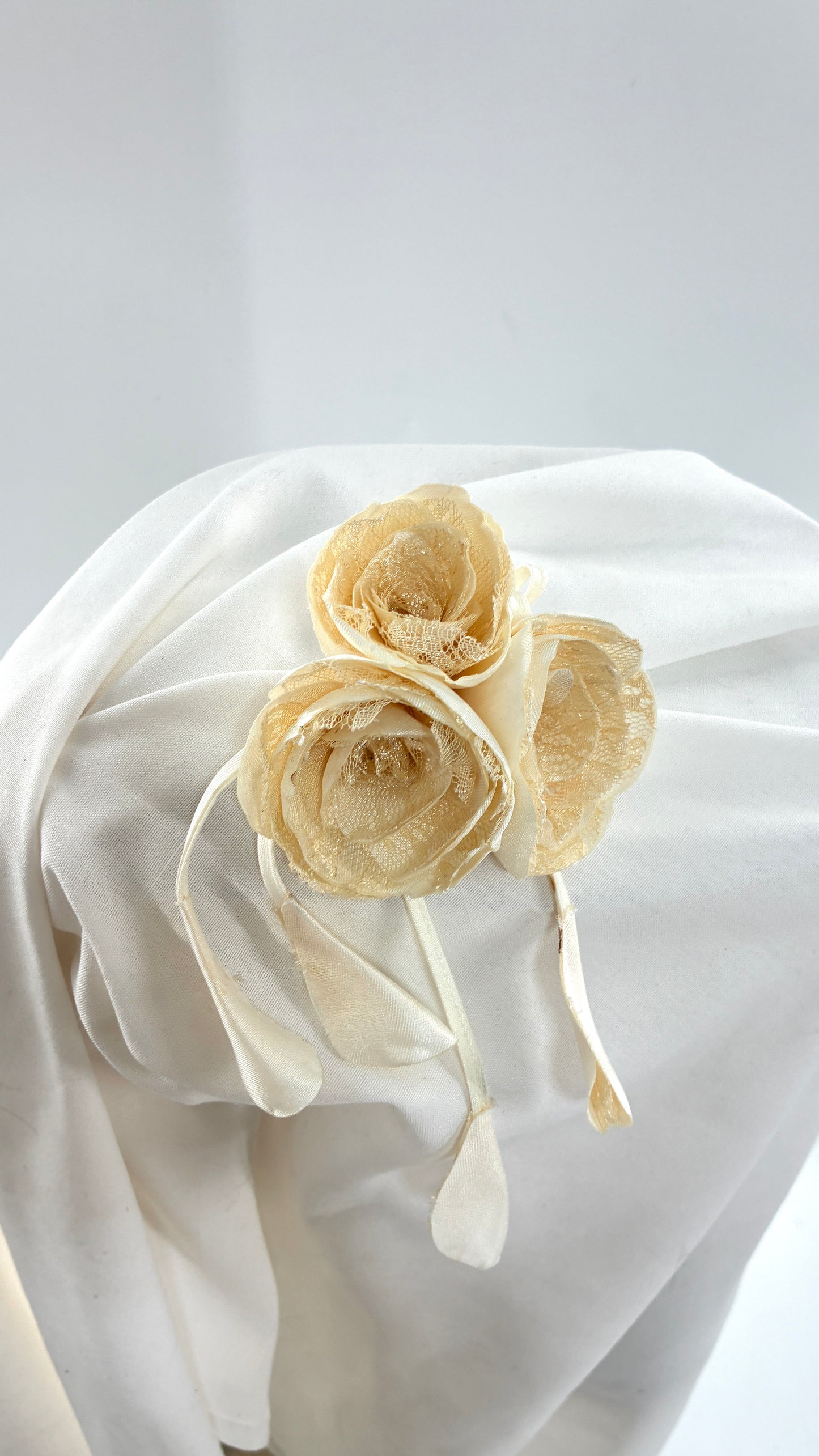 Vintage Brooch Pin: Oversized Rosette Cluster of Handmade Off White Satin and Lace Flowers with Pearl Center