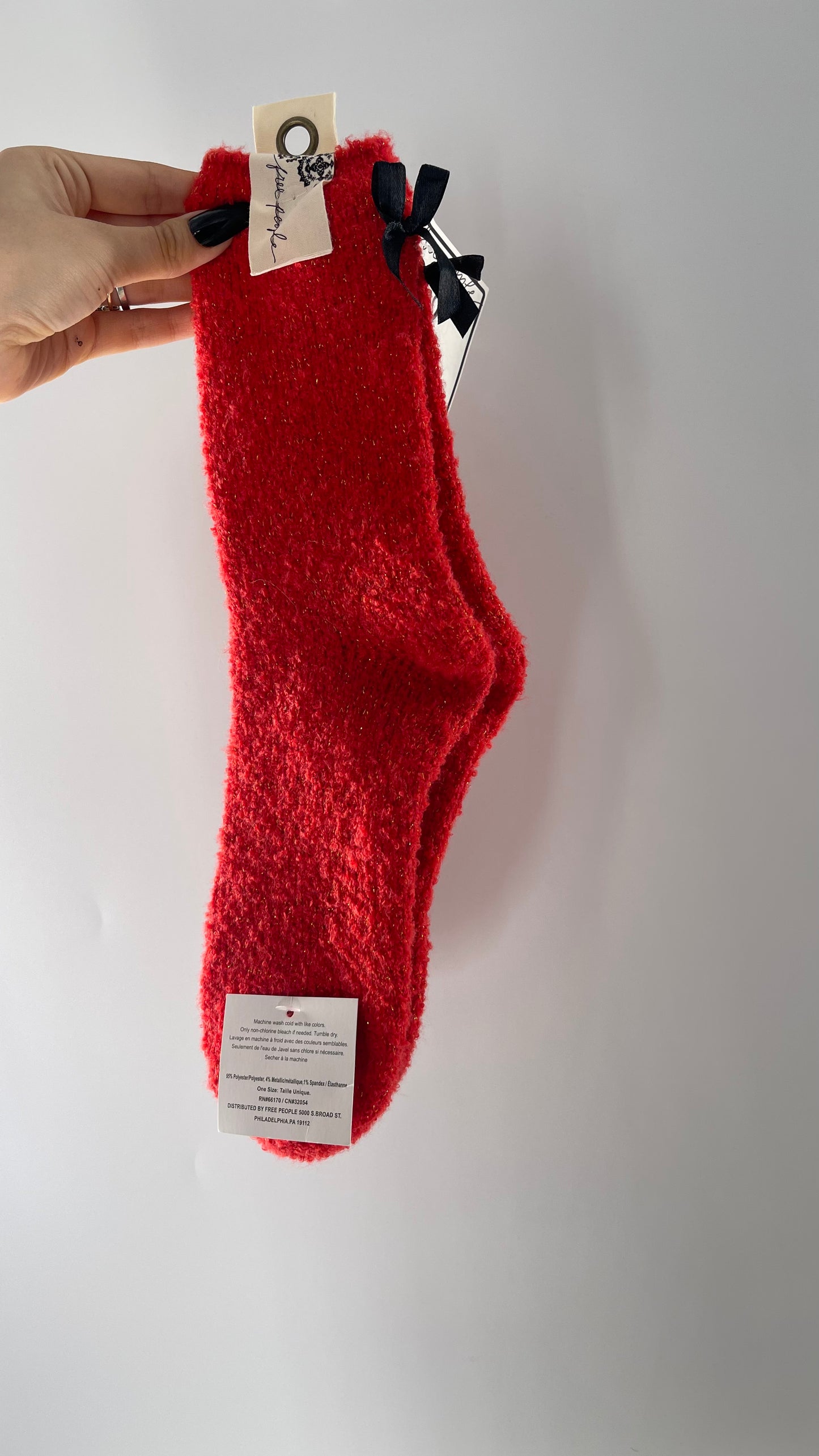 Free People Festive Red Socks with Gold Tinsel and Black Satin Bow Detail