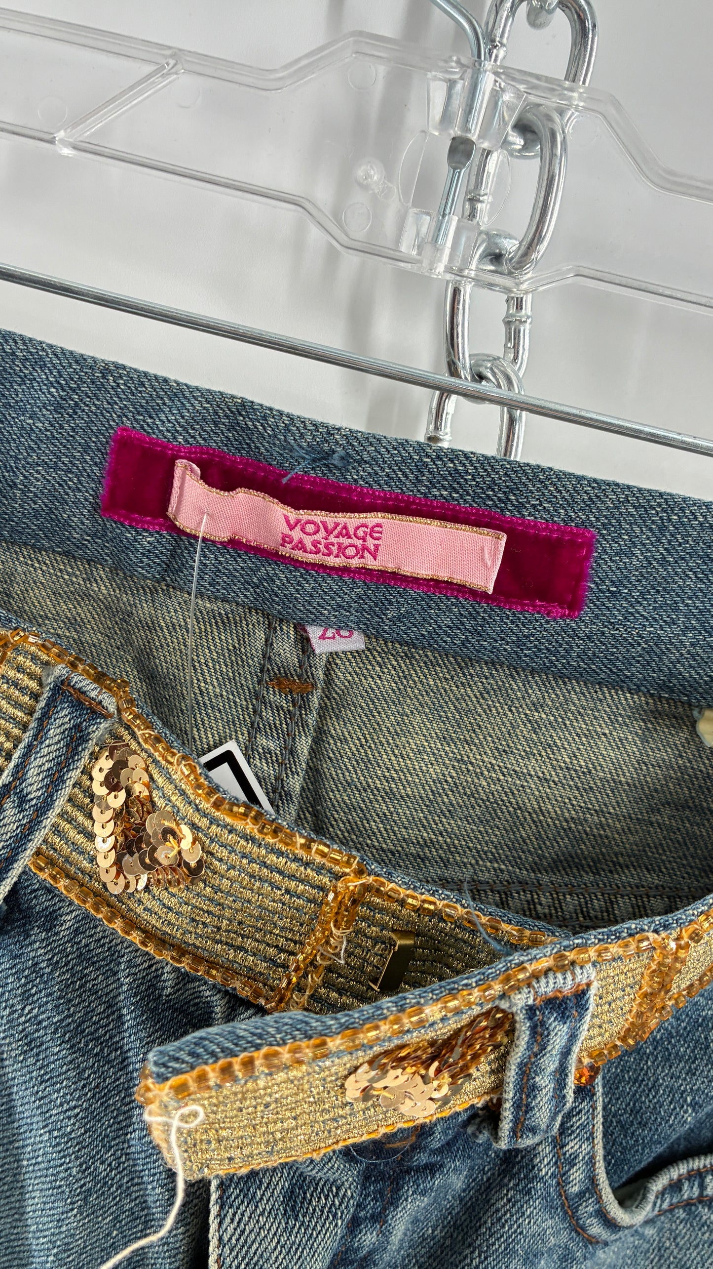 Vintage VOYAGE PASSION Kick Flare Light Wash Jeans with Heart Embroidered Bum and Gold Sequin Belt (28)