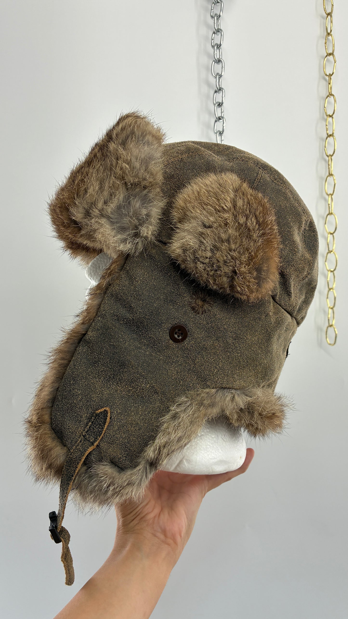 Vintage YUKON CHARLIE Genuine Leather Aviator Trapper Hat with Rabbit Fur Lining