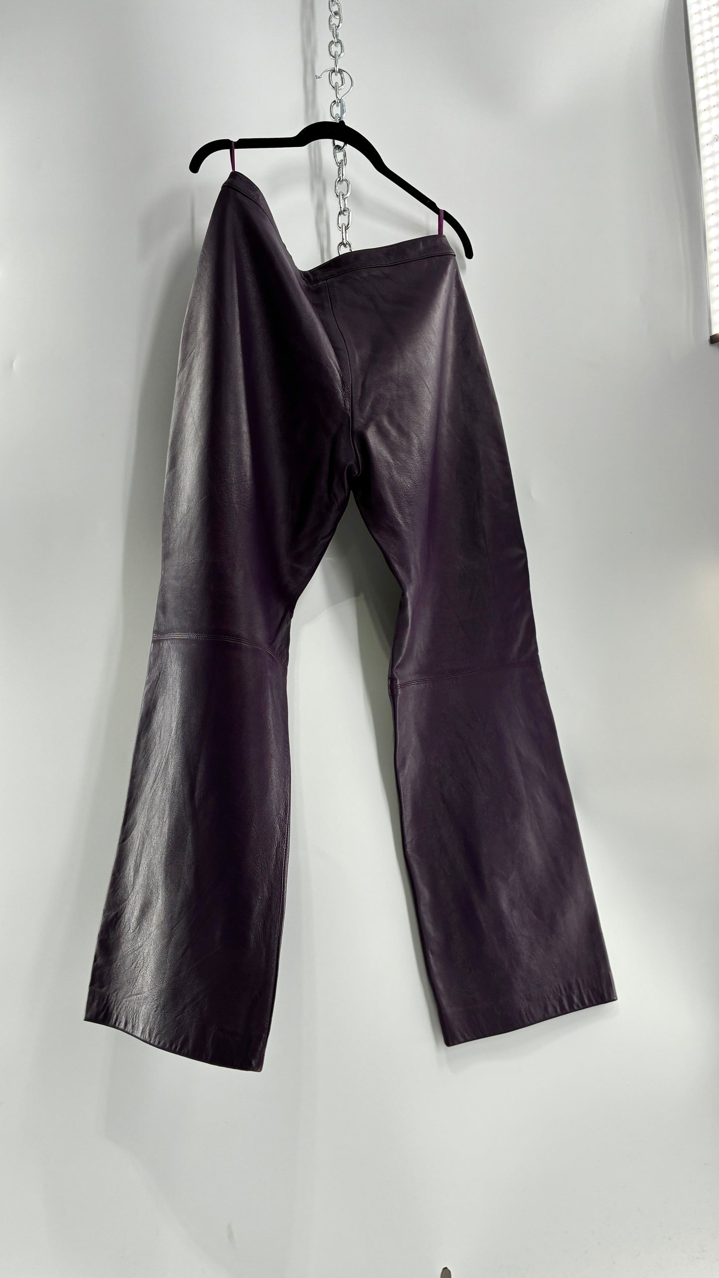 Vintage SHIN CHOI Genuine Italian Leather Purple Side Closure Low Rise Pants (12)