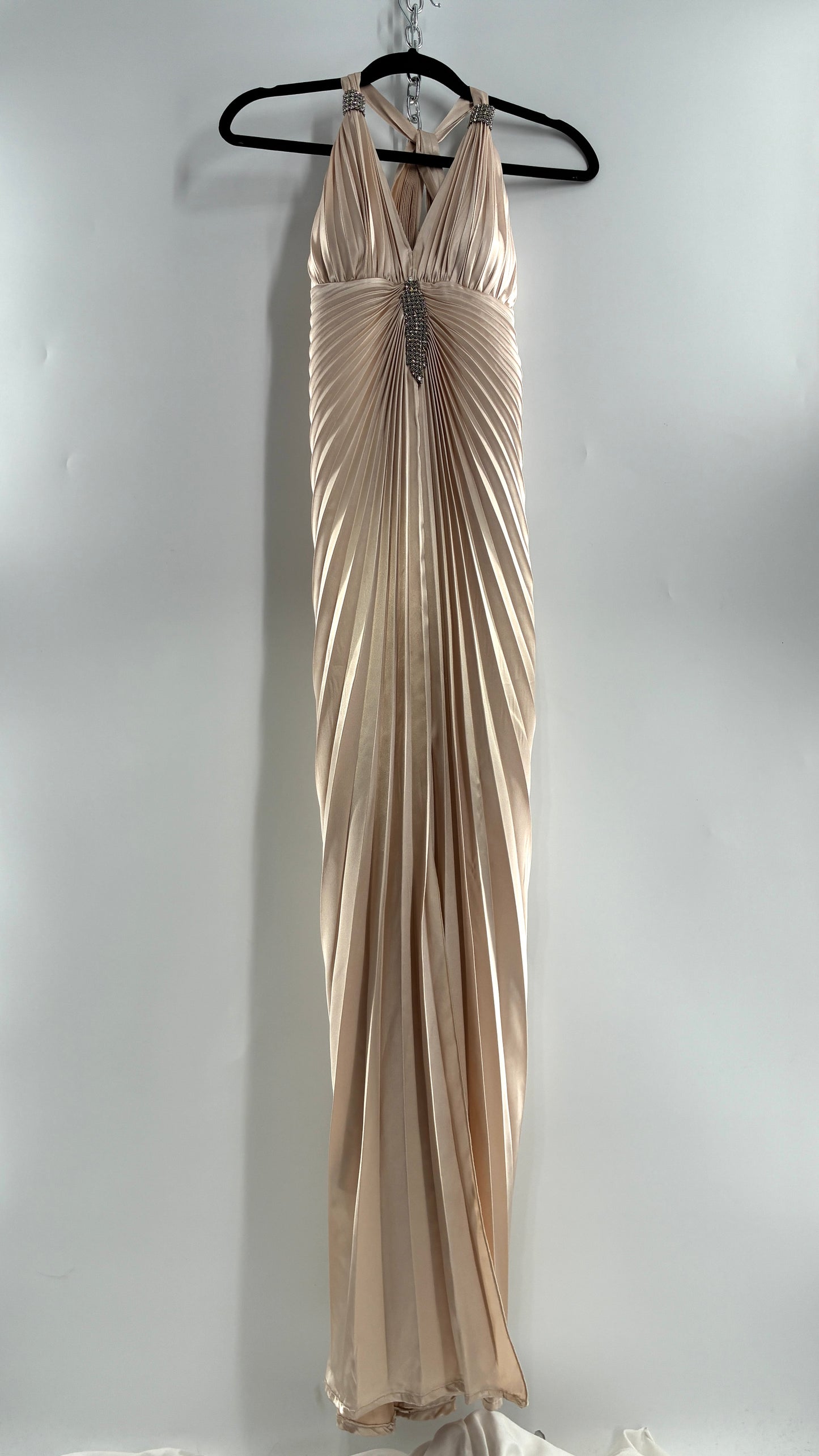 Vintage ISSUE Pleated Champagne Gown with Vented Slit Front, Crystal Bust Appliqué and Strap Cuffs (2)