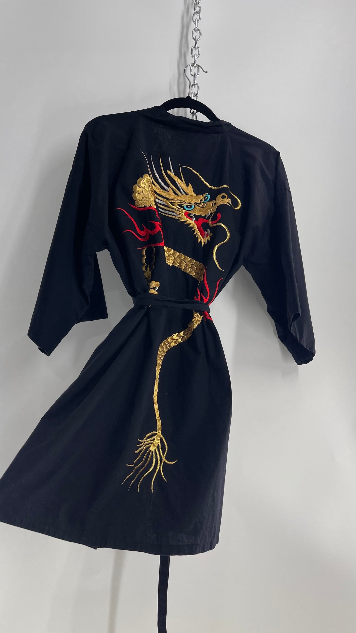 Vintage Japanese Cotton Cape/Kimono/Cardigan Robe with Hand Embroidered Gold Dragon (Small)