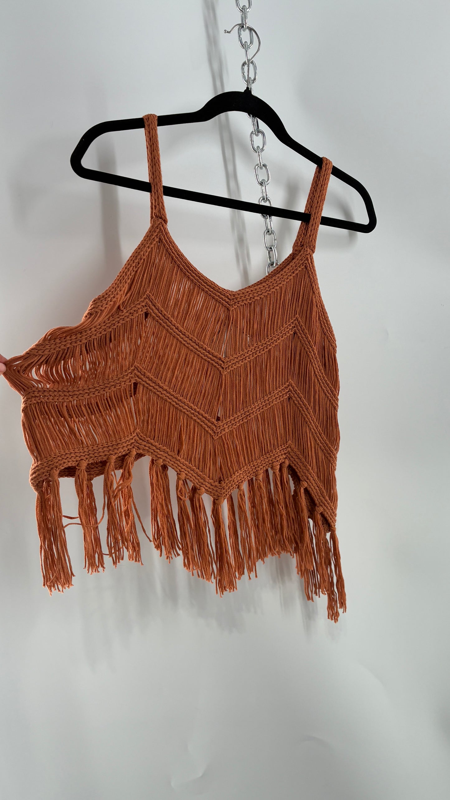 Vintage Rust Orange Macrame Fringe Sleeveless Top (Large)