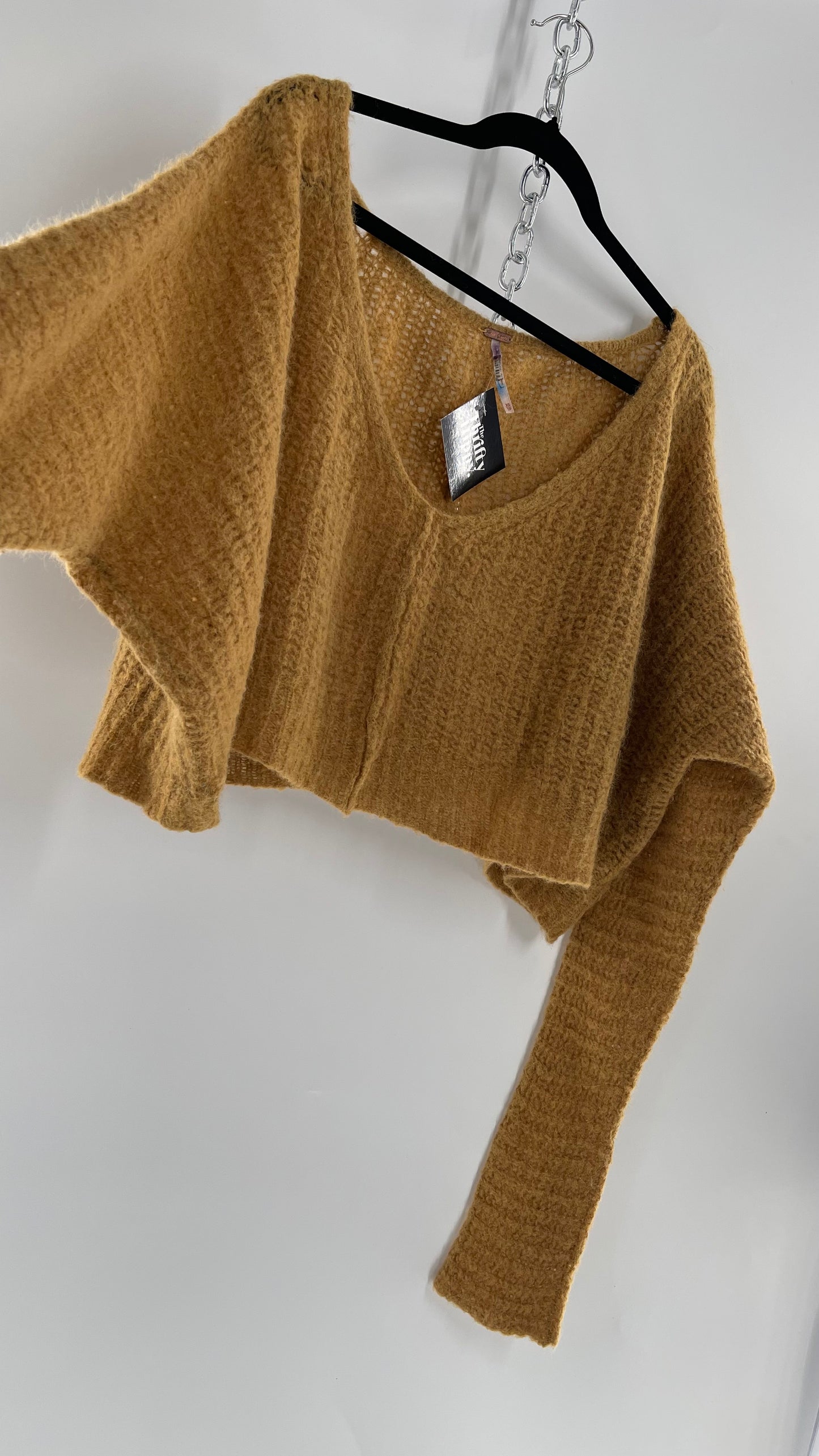 Free People Mustard Knit Cropped Sweater (XS) 88% Alpaca Fur