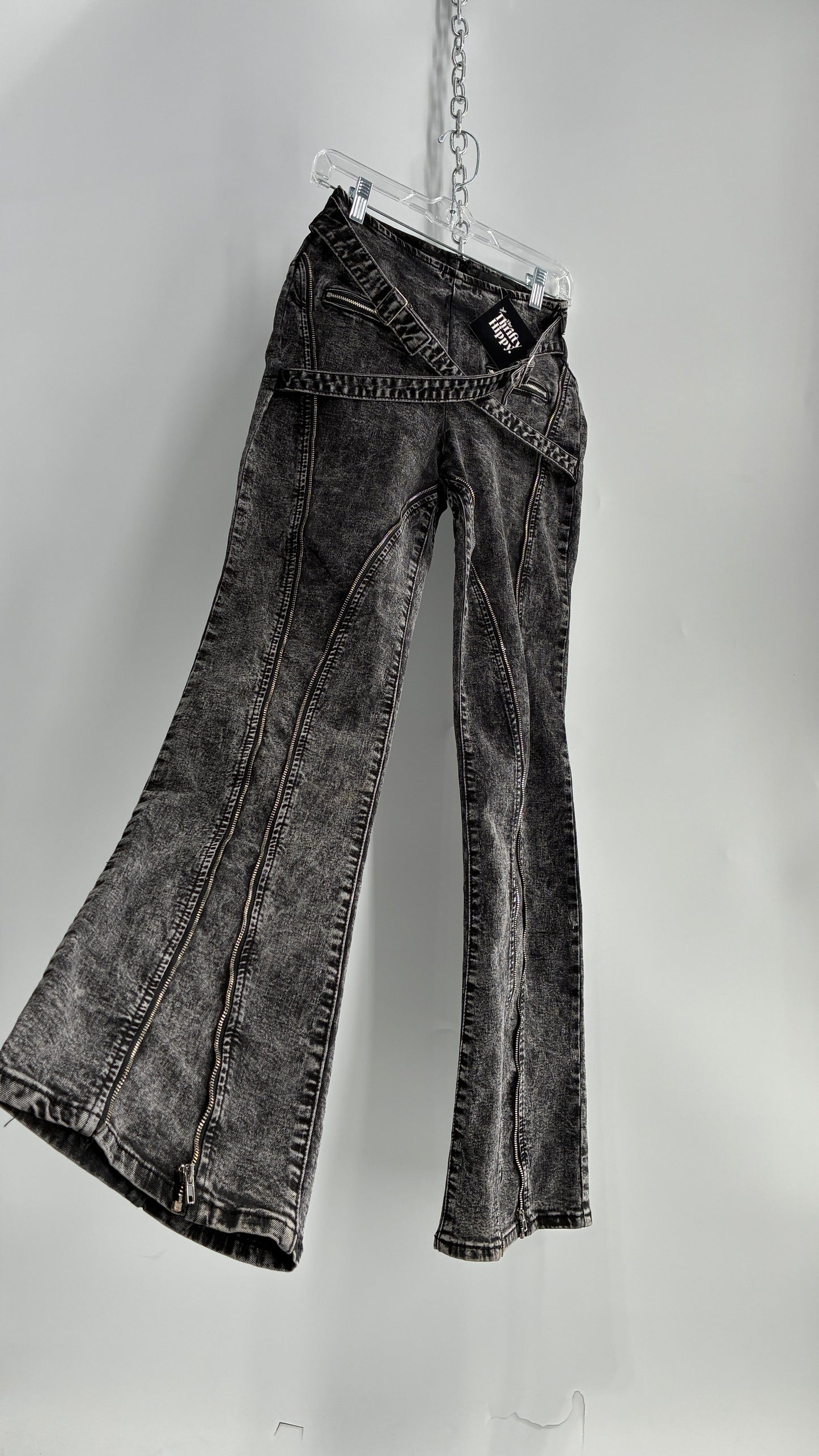 Fashion Nova Grey Acid Washed Kickflare Jeans with Hip Buckle Belts and Functional Zip Up Leg Detail (3)