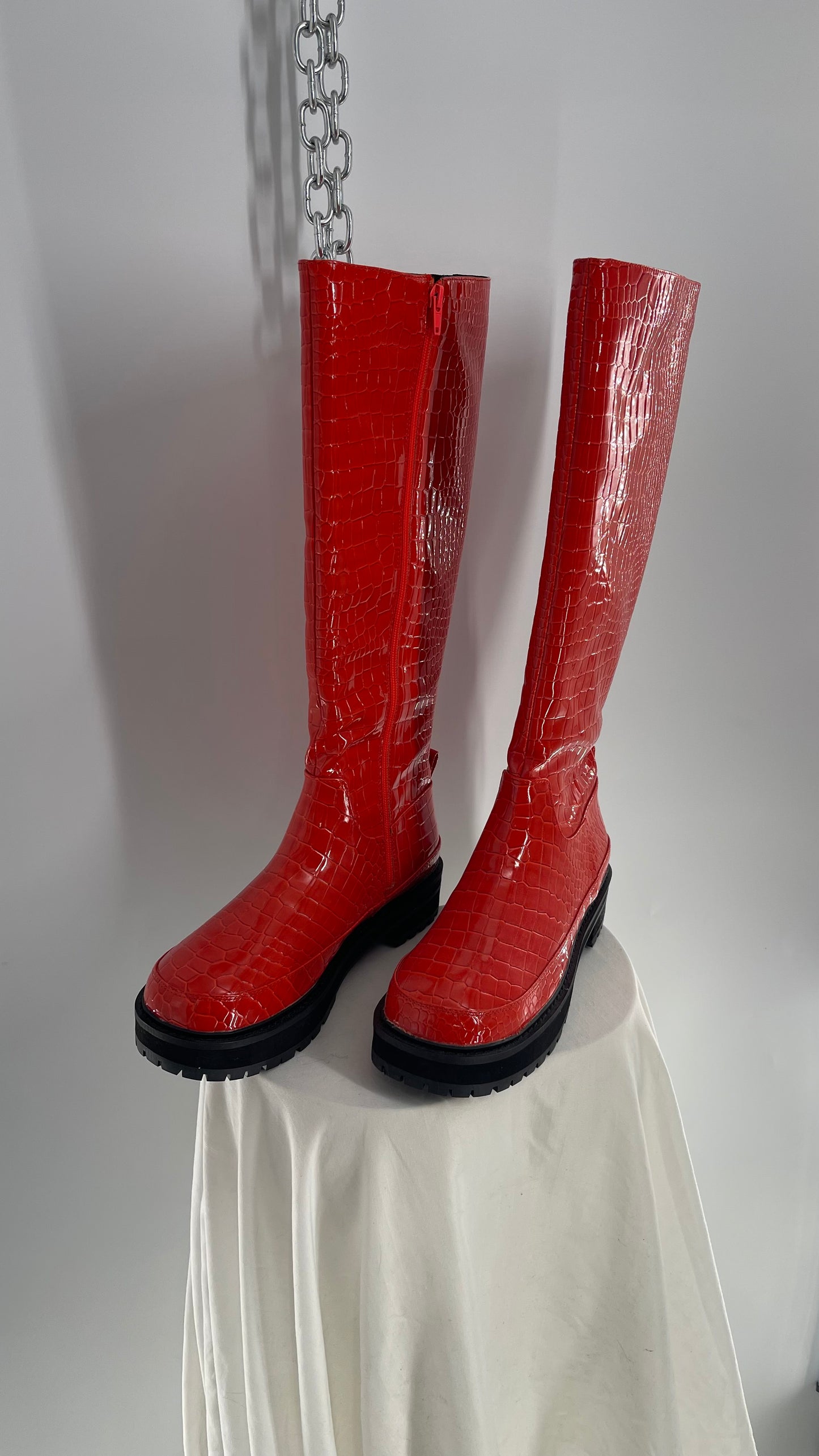 Urban Outfitters Orange Crocodile Embossed Knee High Boots (9)