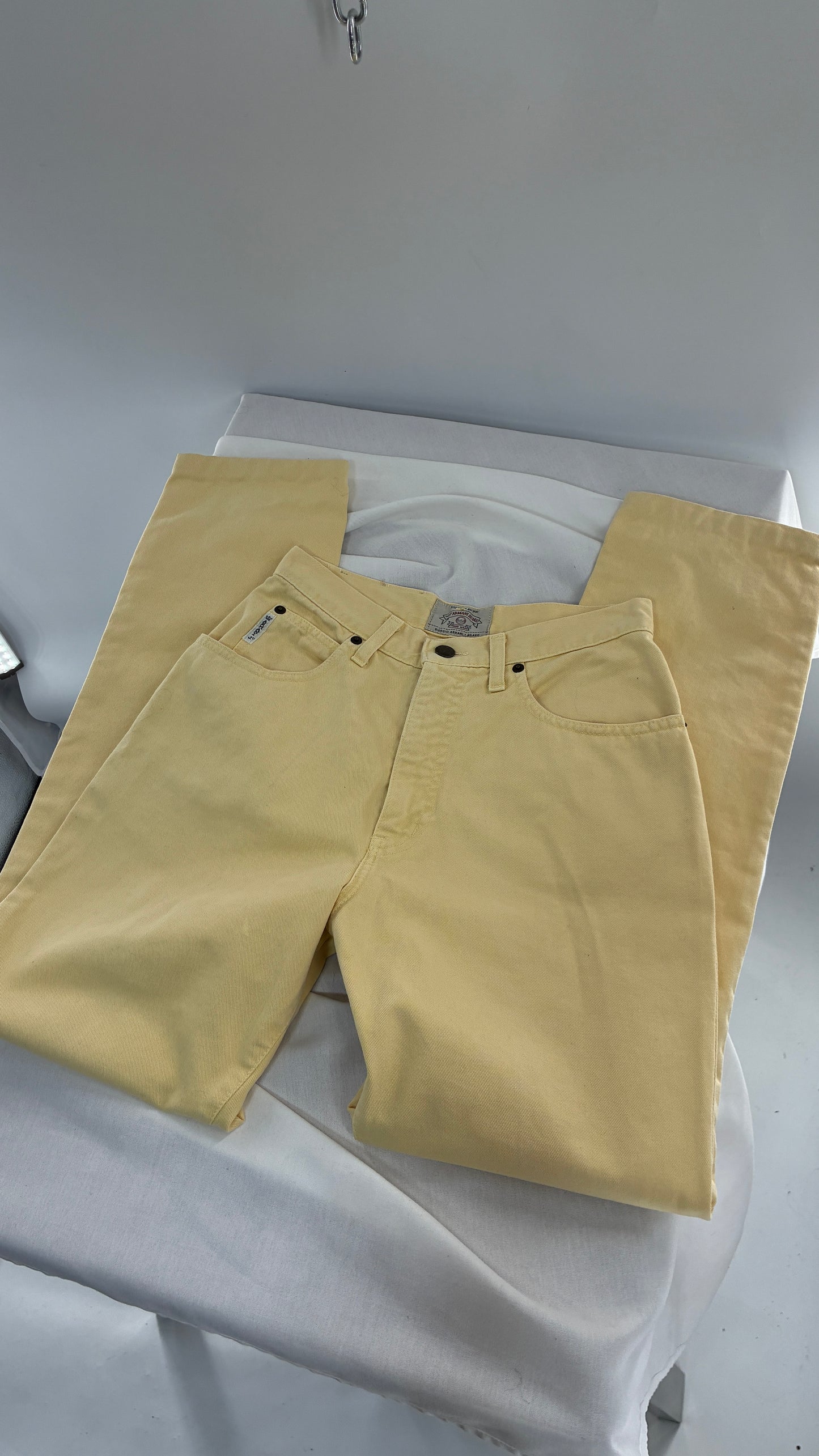 Vintage GIORGIO ARMANI Baby Yellow High Waisted Jeans with 80s Jacron Made in Italy  (29)