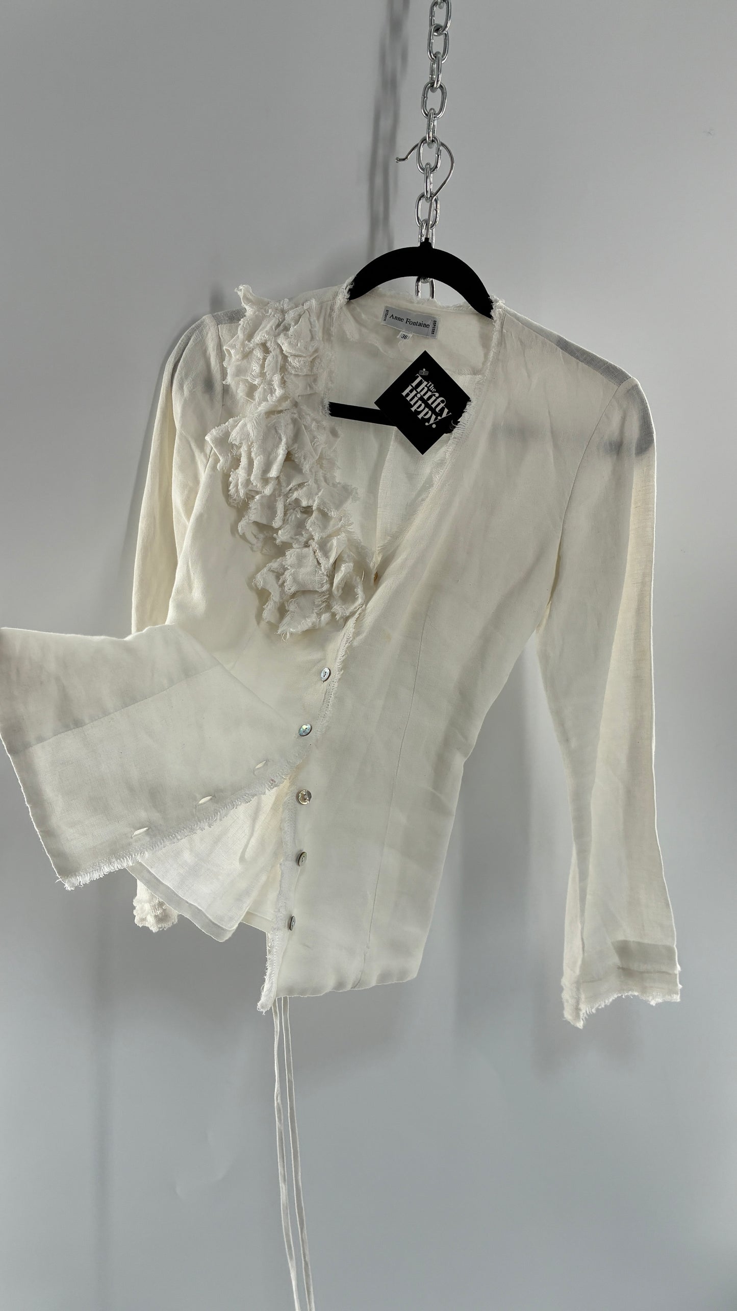 Vintage ANNE FONTAINE Off White Linen Woven Button Up Blouse with Back Corseting, Pearlescent Shell Buttons, and Rosette Details (36)