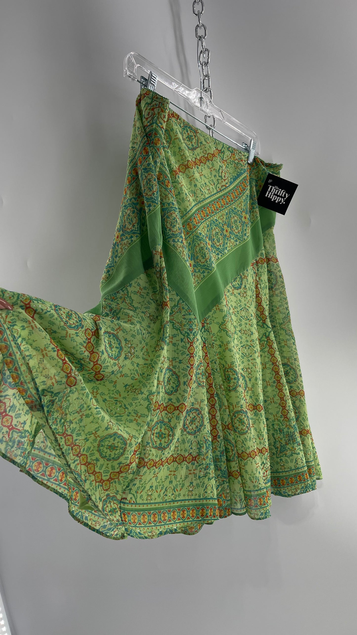 Vintage Green Mixed Pattern Midi Skirt (Large)