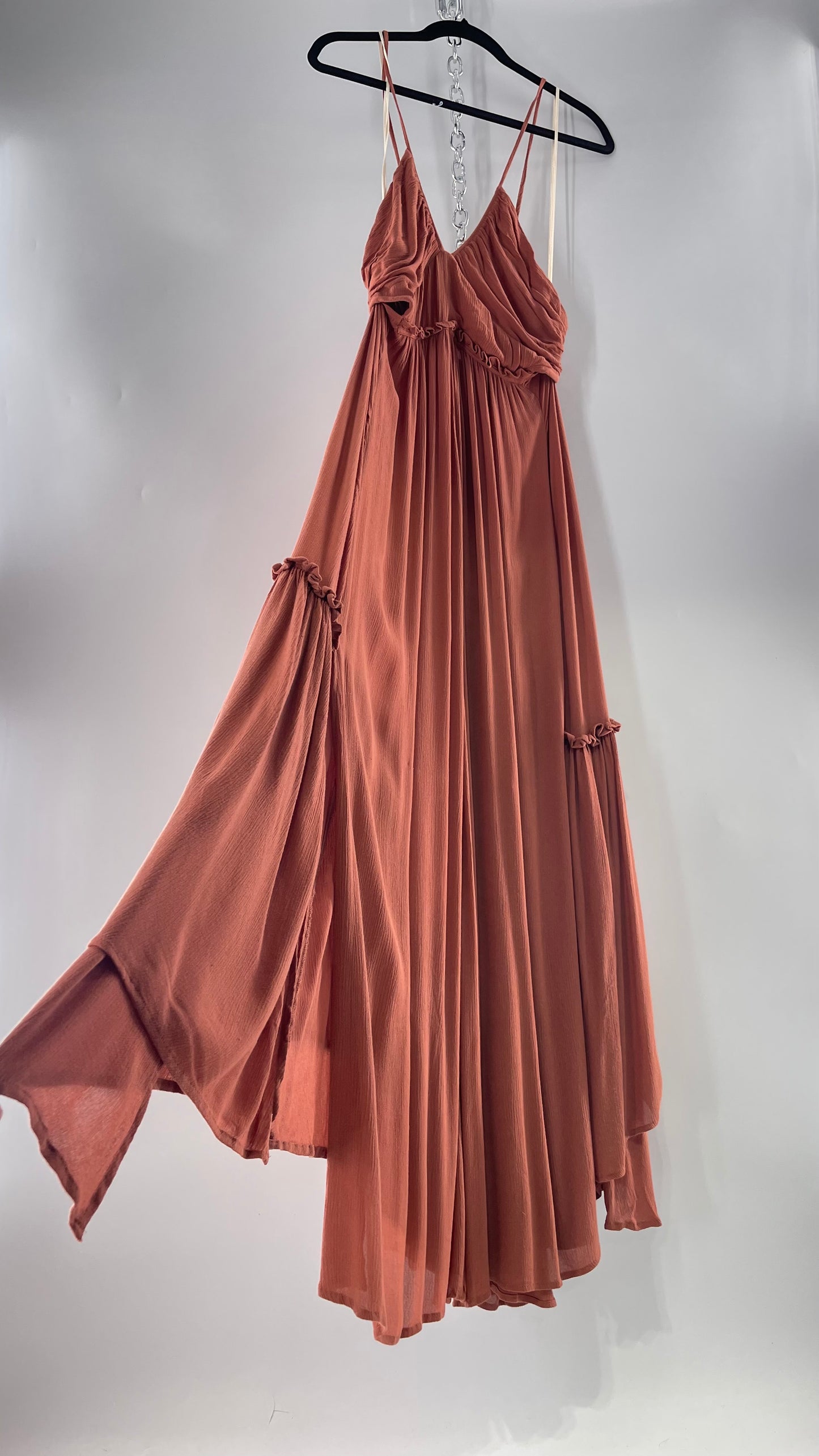 Free People Terracotta/Apricot Toned Voluminous Gown with Open Cut Out Sides and Low, Open Back (Large)