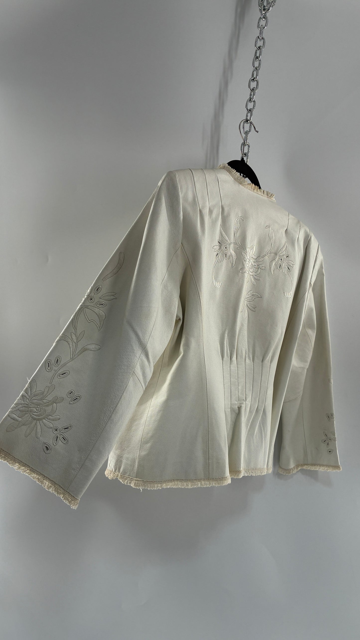 Vintage TERRY LEWIS White Leather Pleated Back, Embroidered Jacket with Lace Trim (Large)