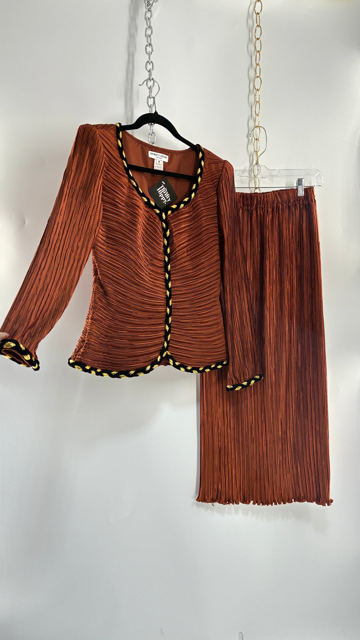Vintage GEORGE F COUTURE Plissé 2 Piece Burnt Orange Structured Blazer Set with Velour, Gold Rope Detail (6)