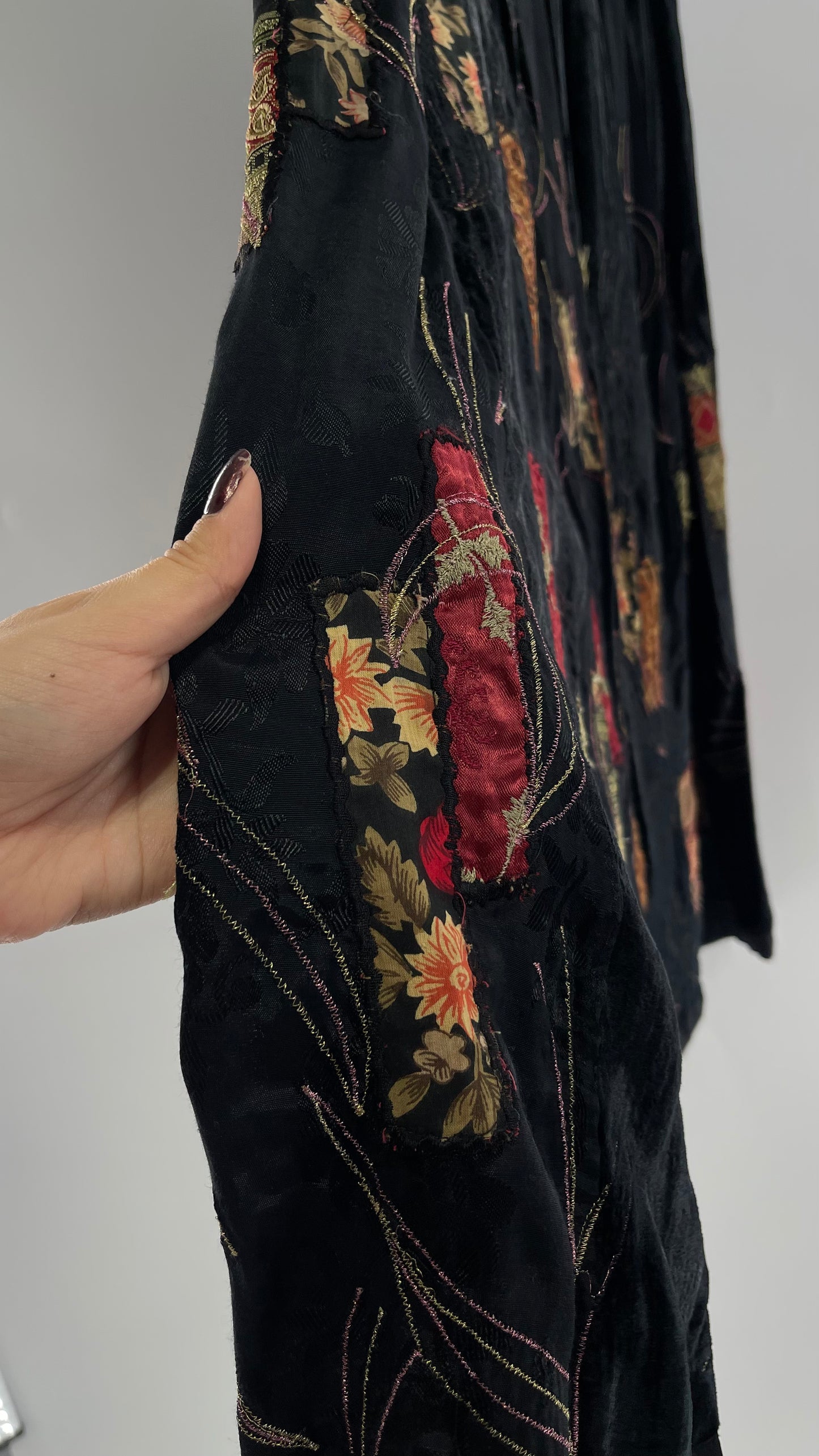 Vintage Black Velvet and Embossed Florals Patchwork Skirt with Metallic Stitch Detailing with Lining and Thick Waistline (M)