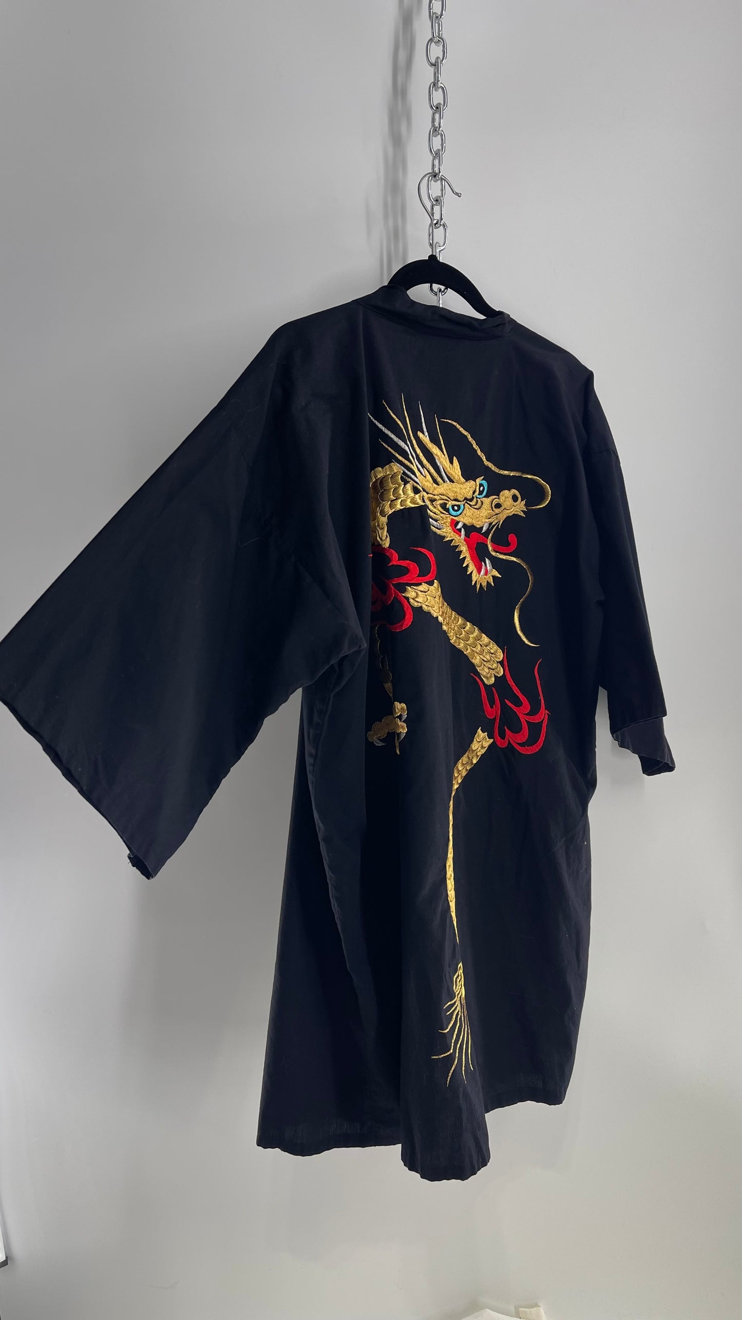 Vintage Japanese Cotton Cape/Kimono/Cardigan Robe with Hand Embroidered Gold Dragon (Small)