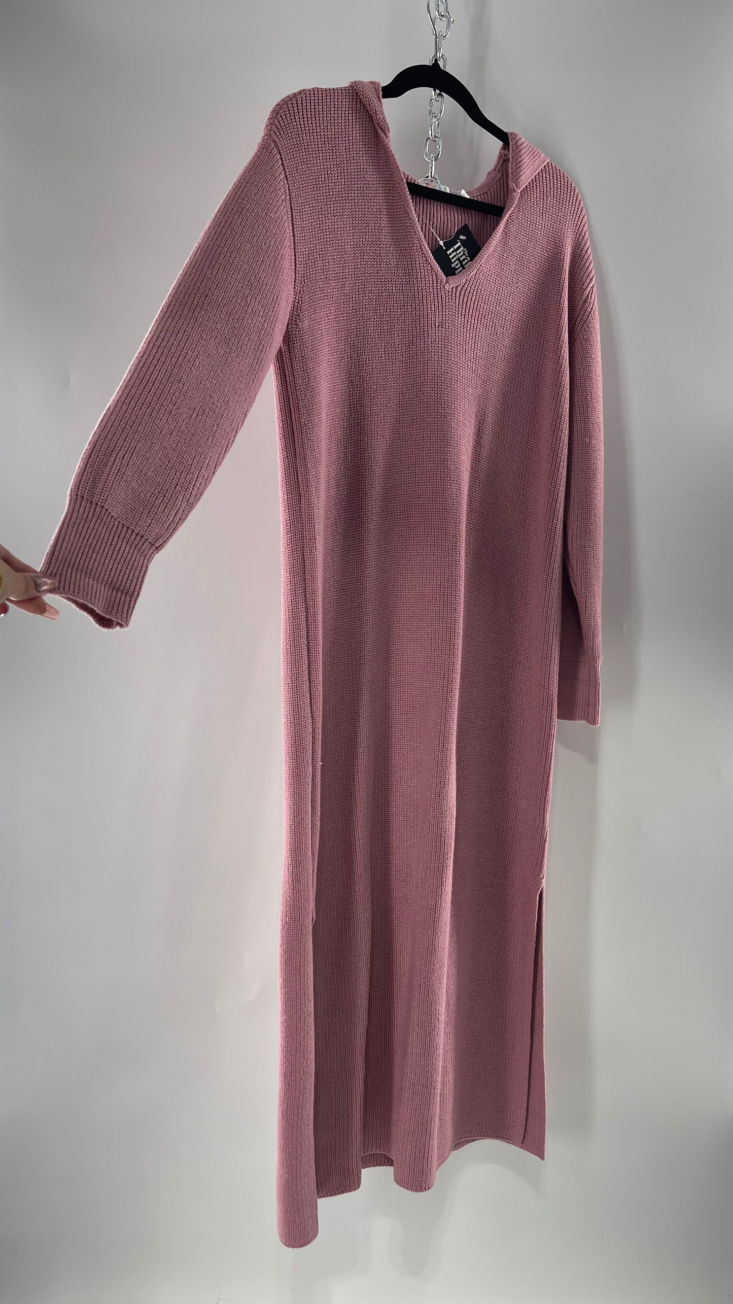 Free People Dusty Pink/ Mauve Full Length Knit Hoodie Snuggie Dress (S)