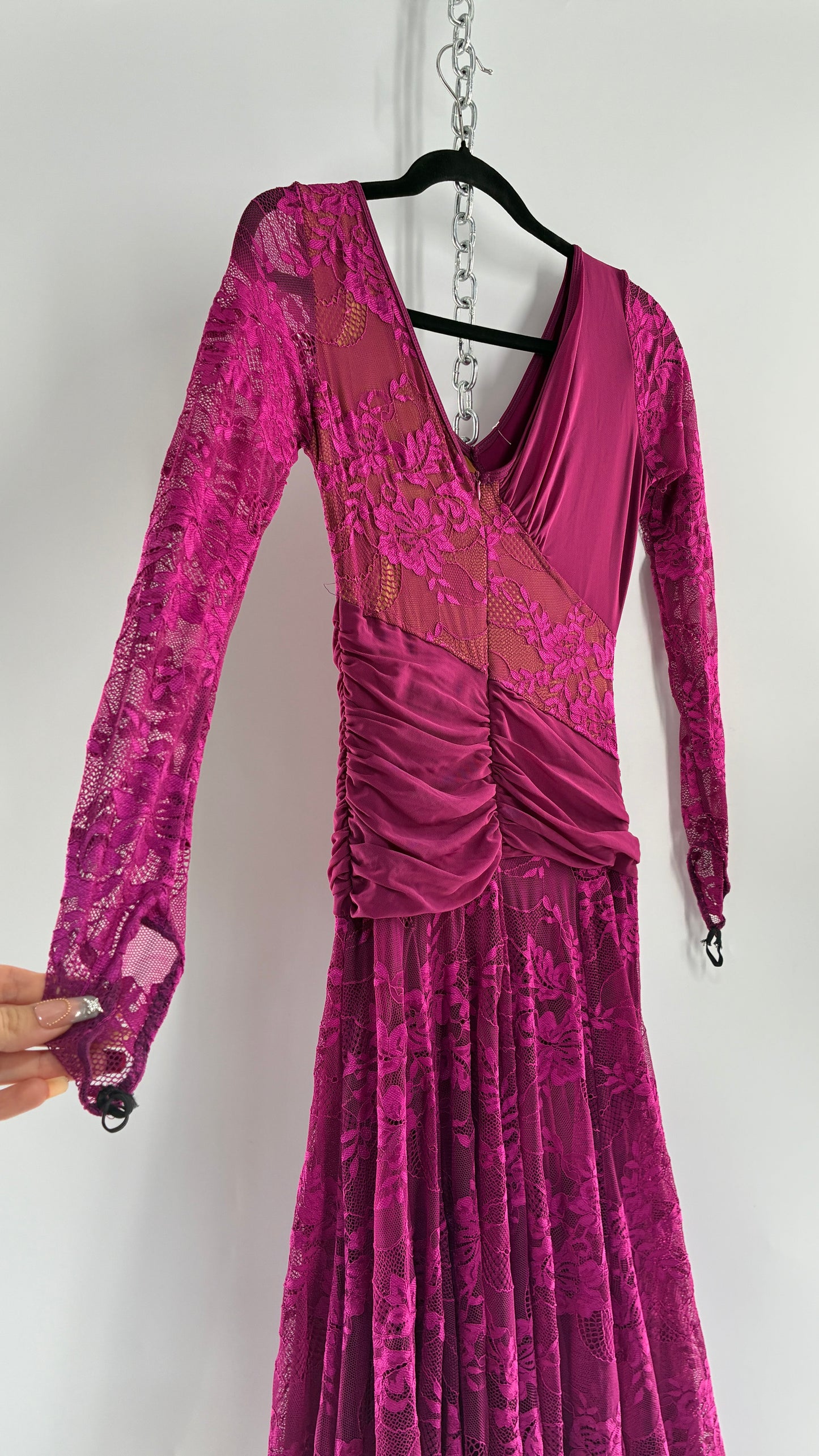 Vintage Fuchsia Flamenco, Lace and Mesh Paneled Gown with Gloved Hand Detail (Small)