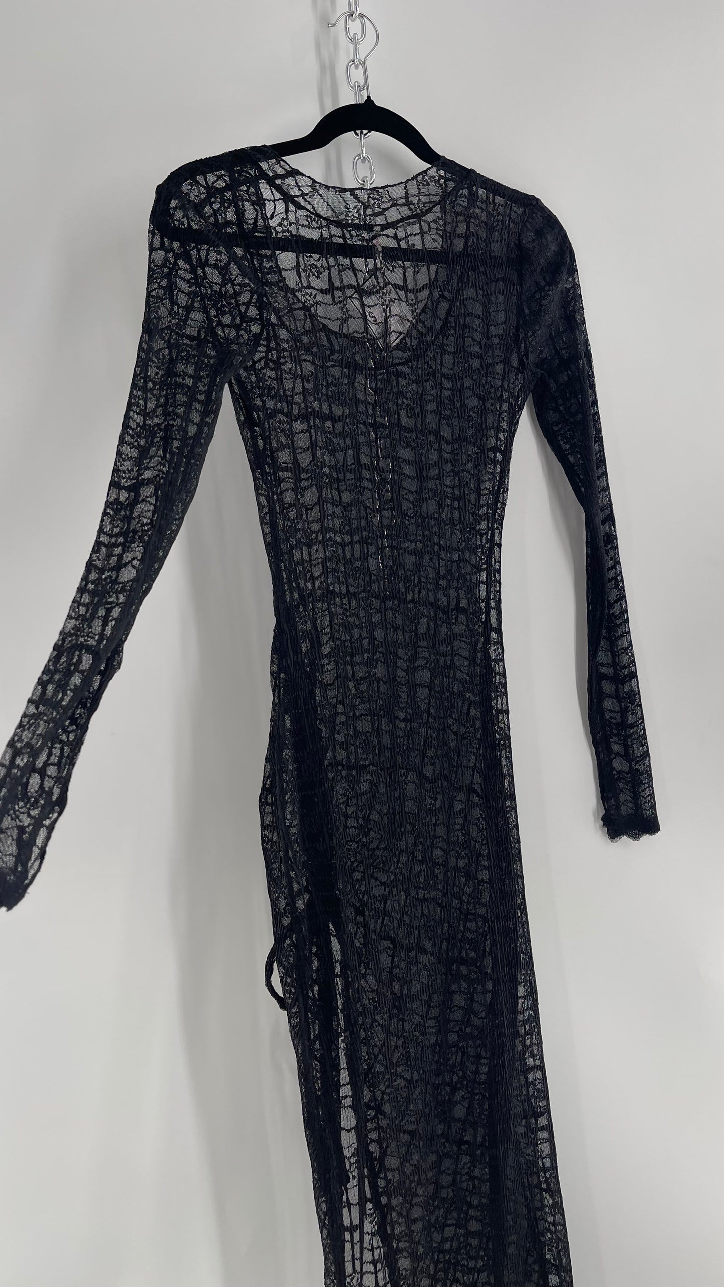 Free People Sabina Black Sheer Crimped Lace Long Sleeve Maxi with Ruched Slit (XS)