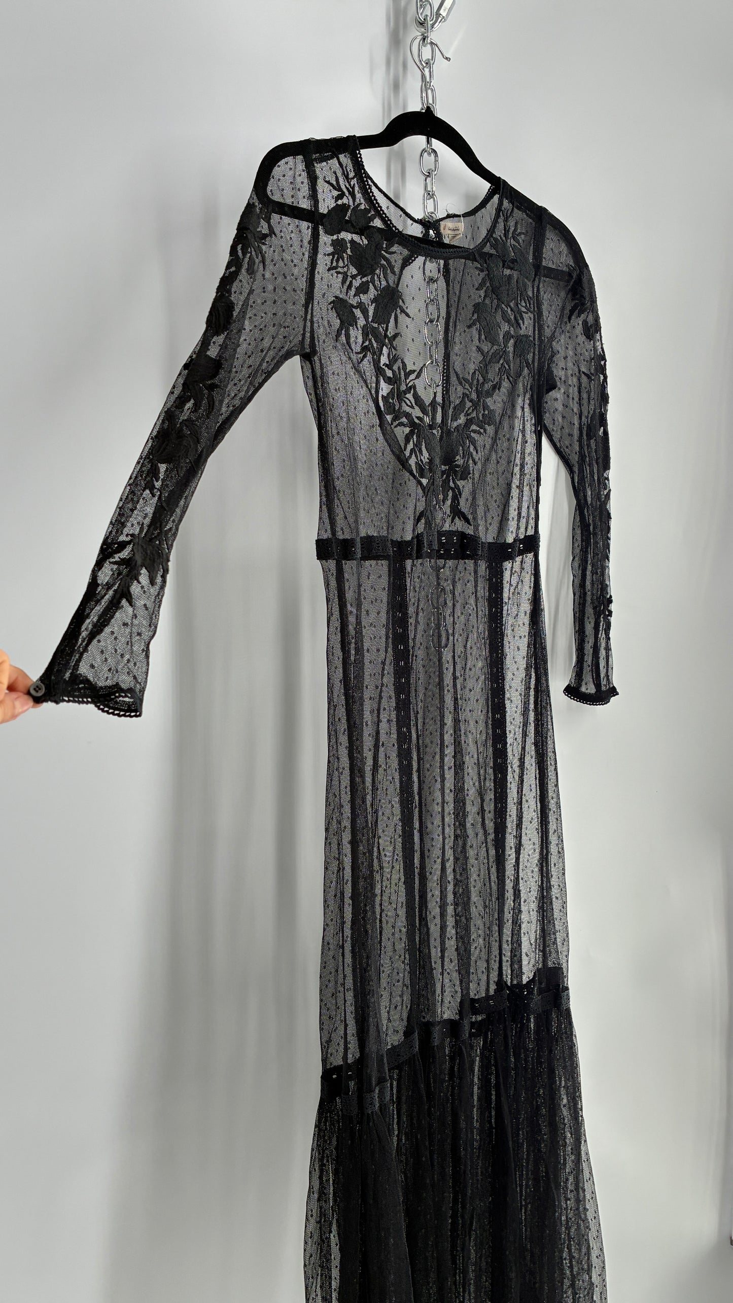 ECOTE Sheer Mesh Full Length Dress with Lace Appliqué Sleeves and Bust (Medium)