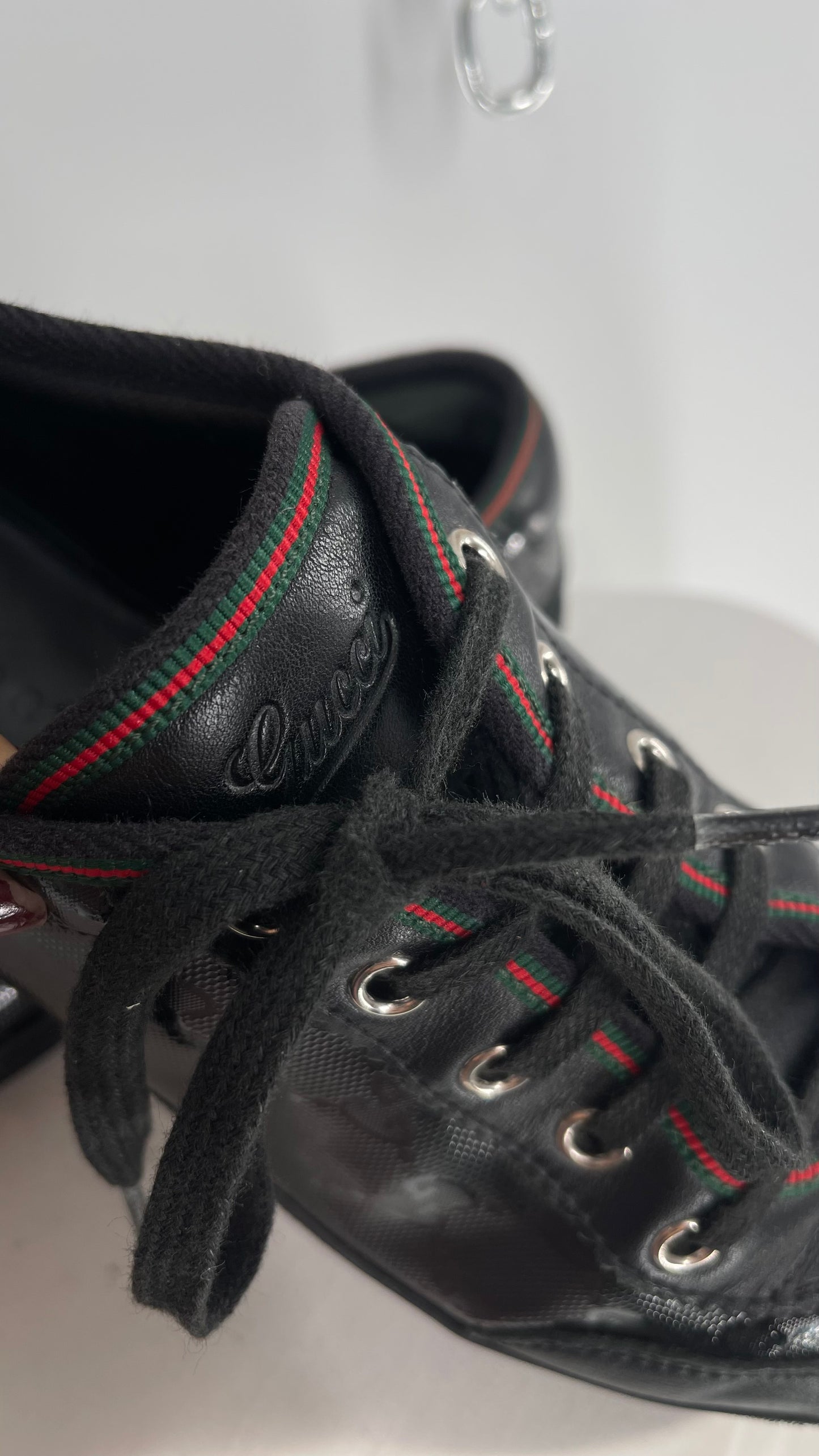 Vintage GUCCI Worn Black Leather Monogram Low Top Sneakers with Red/Green Iconic Trim (37)