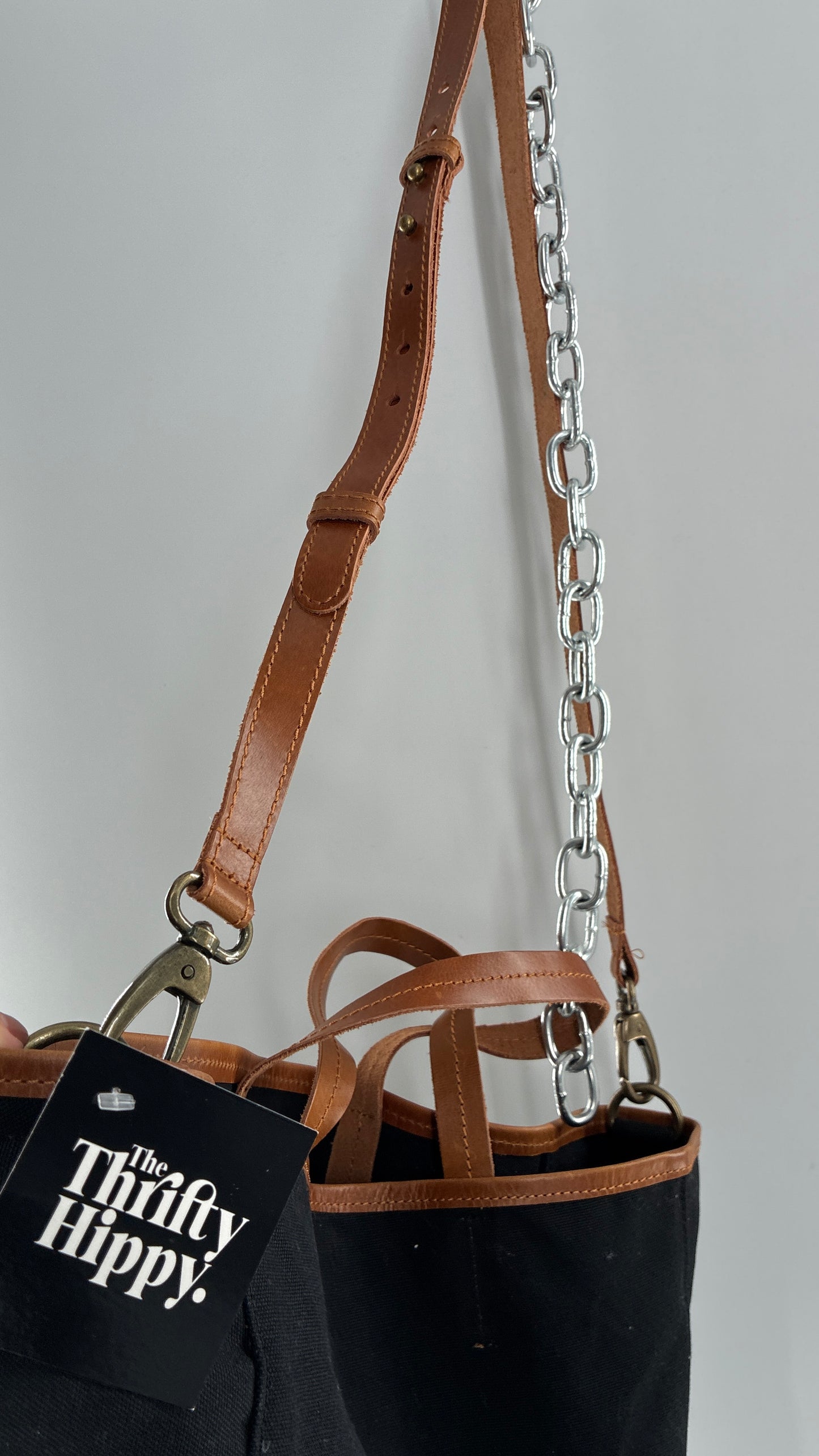 Urban Outfitters Large Black Cotton Tote Bag with Inner Pockets, Genuine Leather Lining and Straps