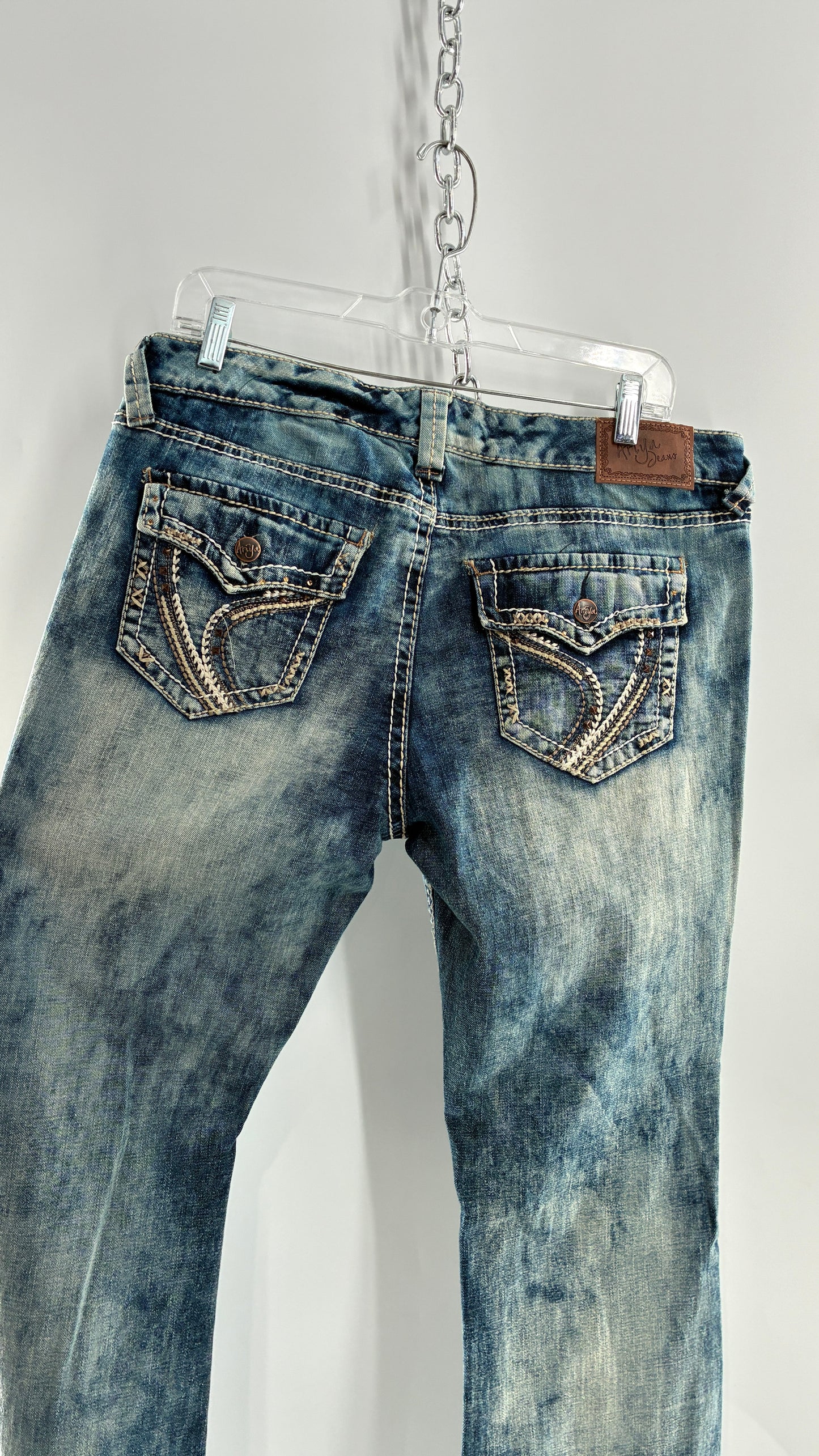 Vintage ARIYA JEANS Acid Washed Kick Flares with Embroidered Pockets (15/16)