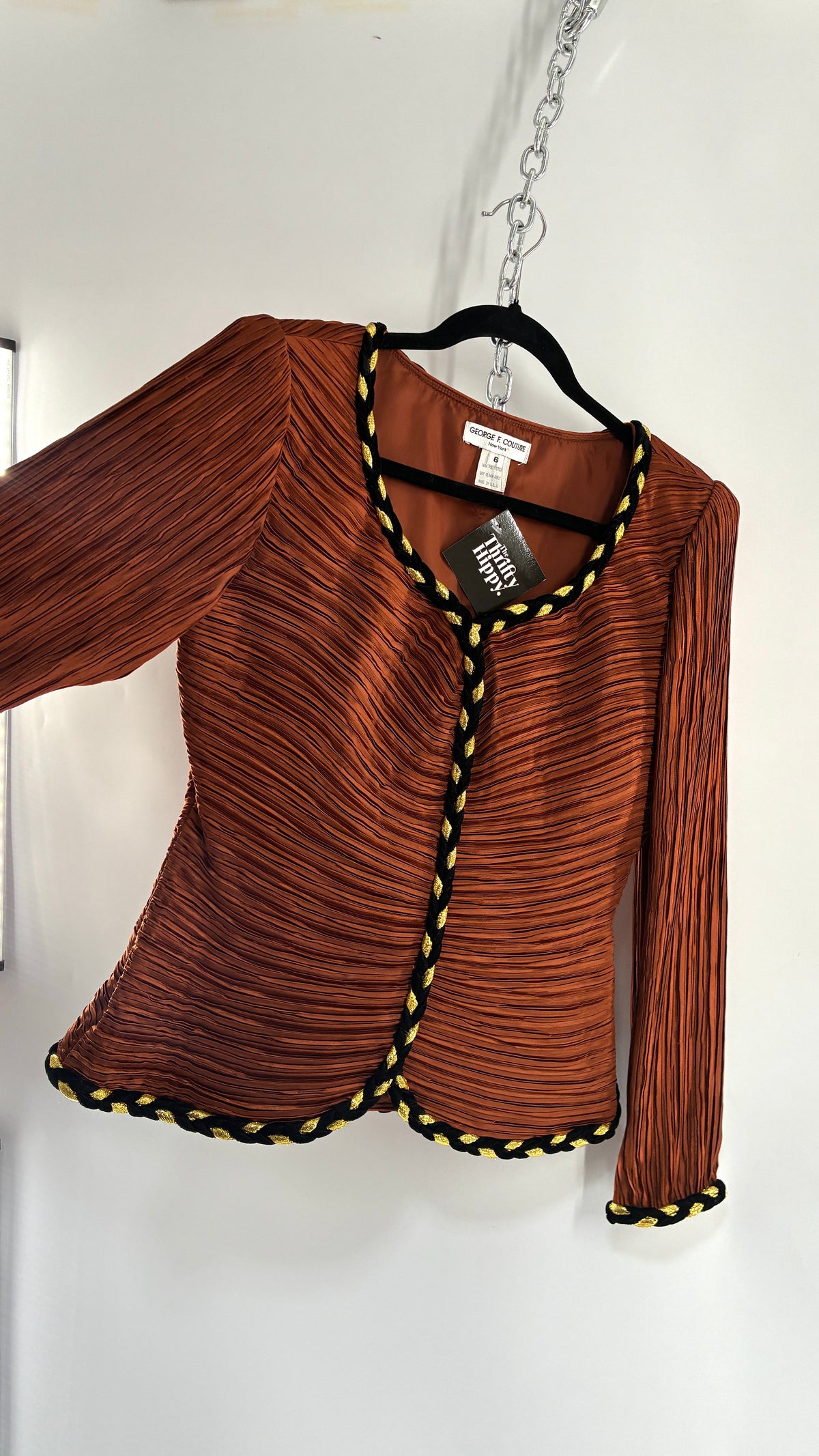 Vintage GEORGE F COUTURE Plissé 2 Piece Burnt Orange Structured Blazer Set with Velour, Gold Rope Detail (6)