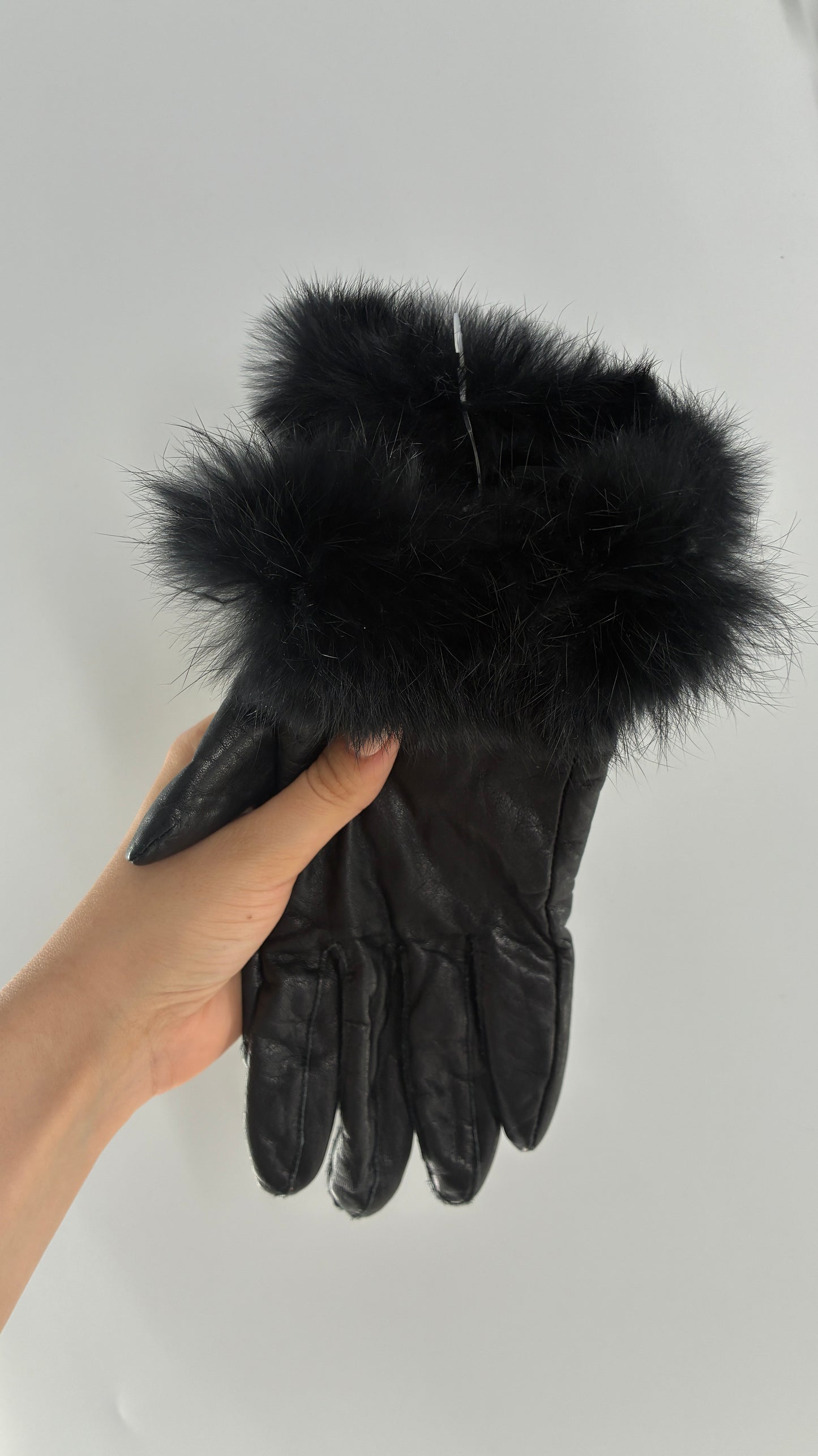Vintage Black Genuine Leather Gloves with Rabbit Fur Trim