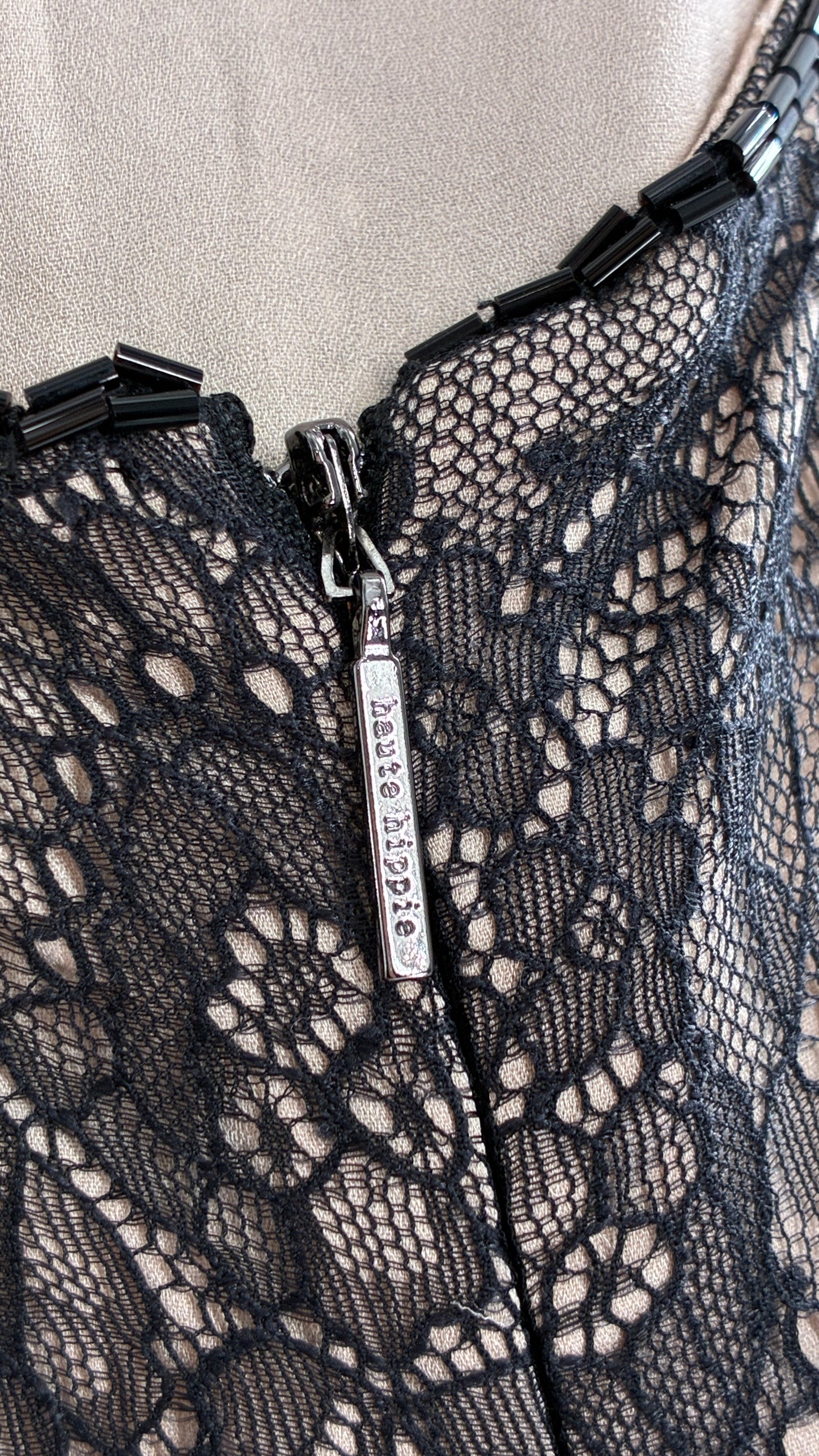 Vintage Haute Hippie Black Lace Nude Underlay Dress with Pointed Heavily Beaded Fringe Hem (2)