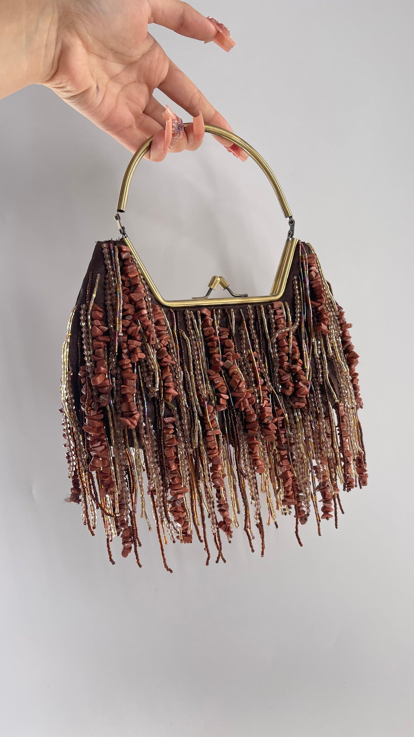 Vintage Purse Covered in Strands of Brown Beads and Reflective Stone Tassels