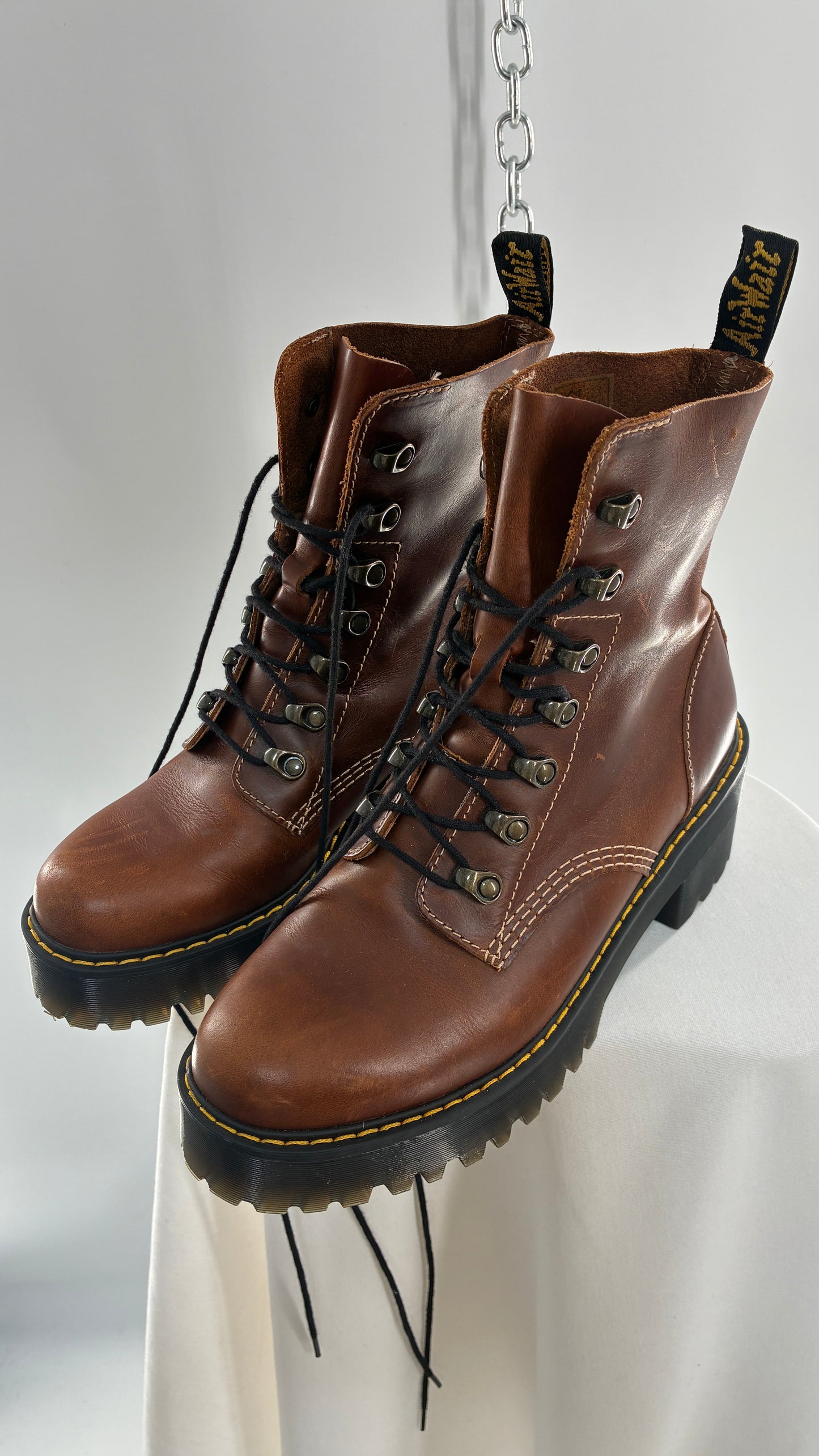 DR. MARTENS Leona Saddle Leather Platform Boots (9L)