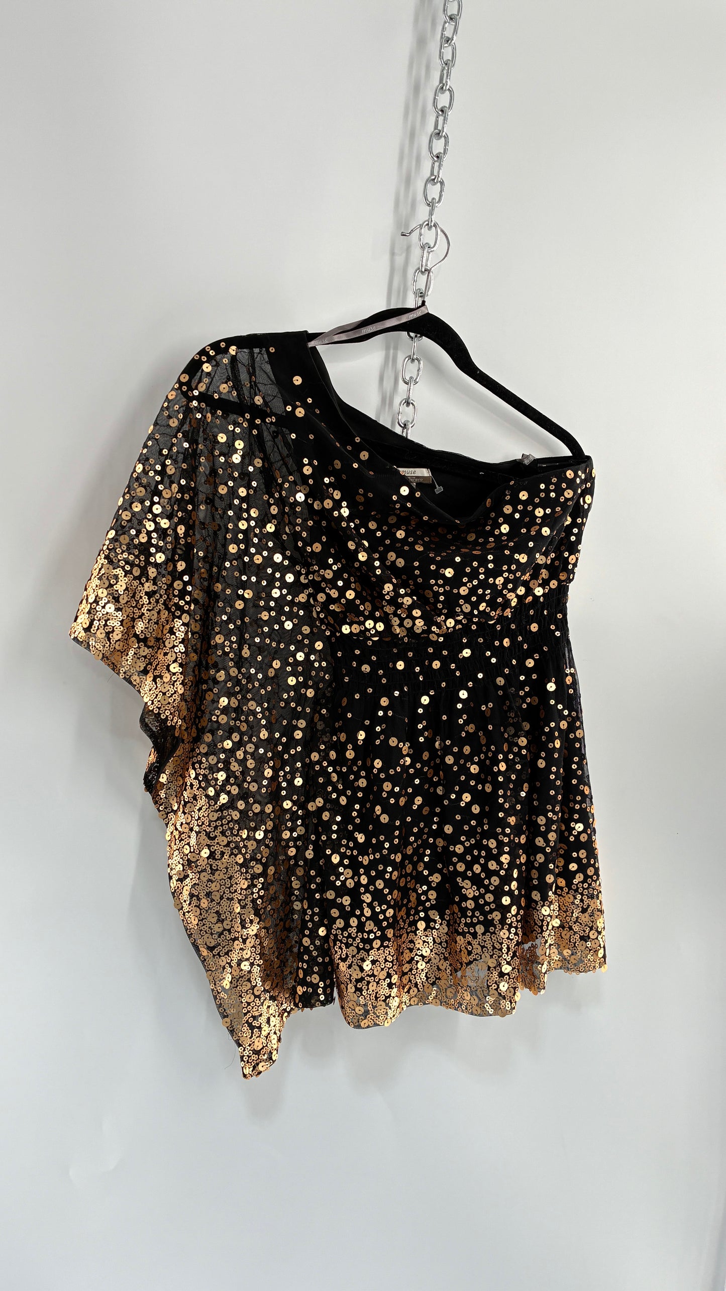 Vintage MUSE BOSTON PROPER Black One Shoulder Tube Dress with Ombre Gold Sequins (Medium)