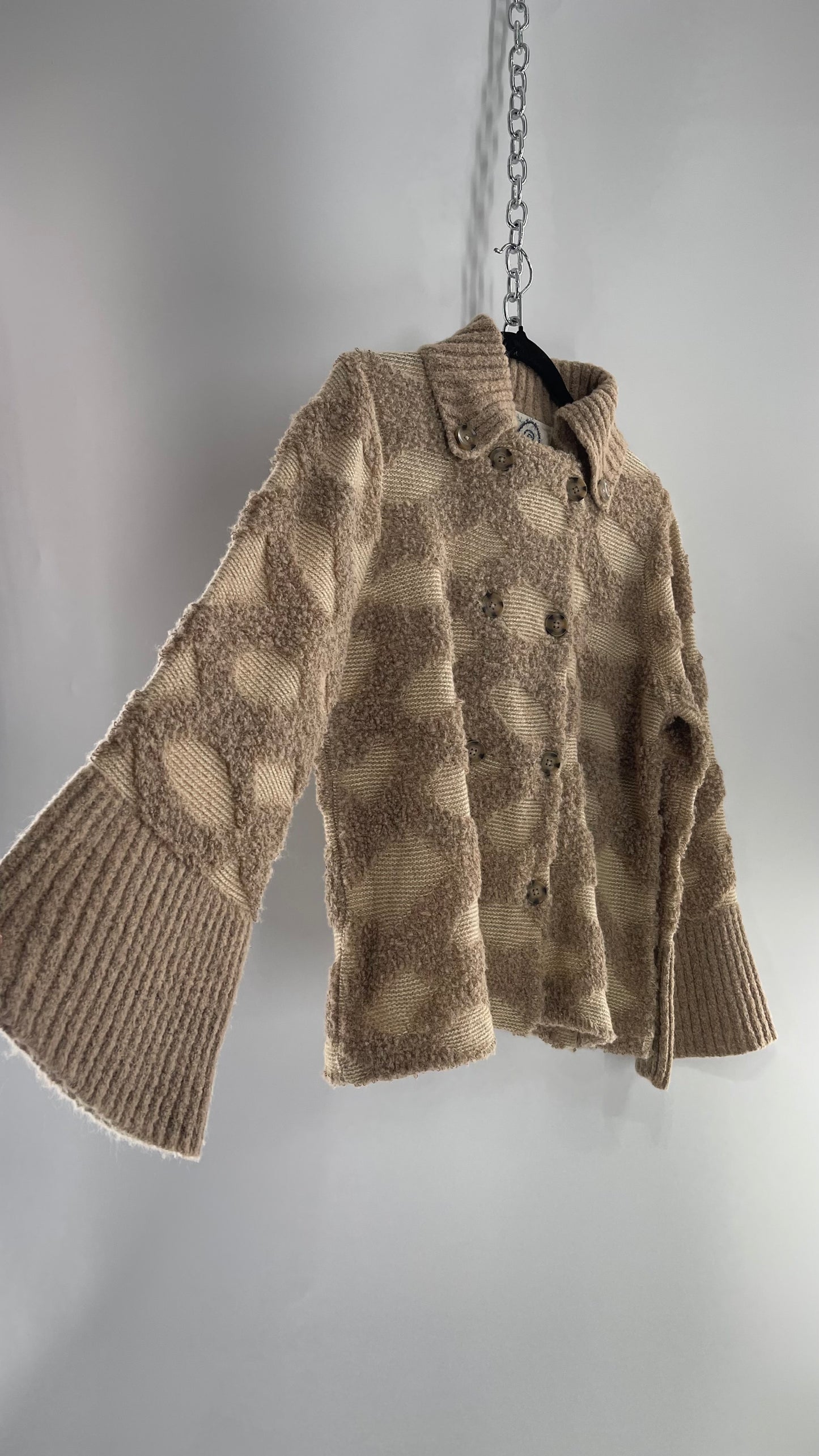 Rosie Neim Anthropologie Intarsia Light Brown Knit Bell Sleeve Textured and Collared Cardigan (XS)